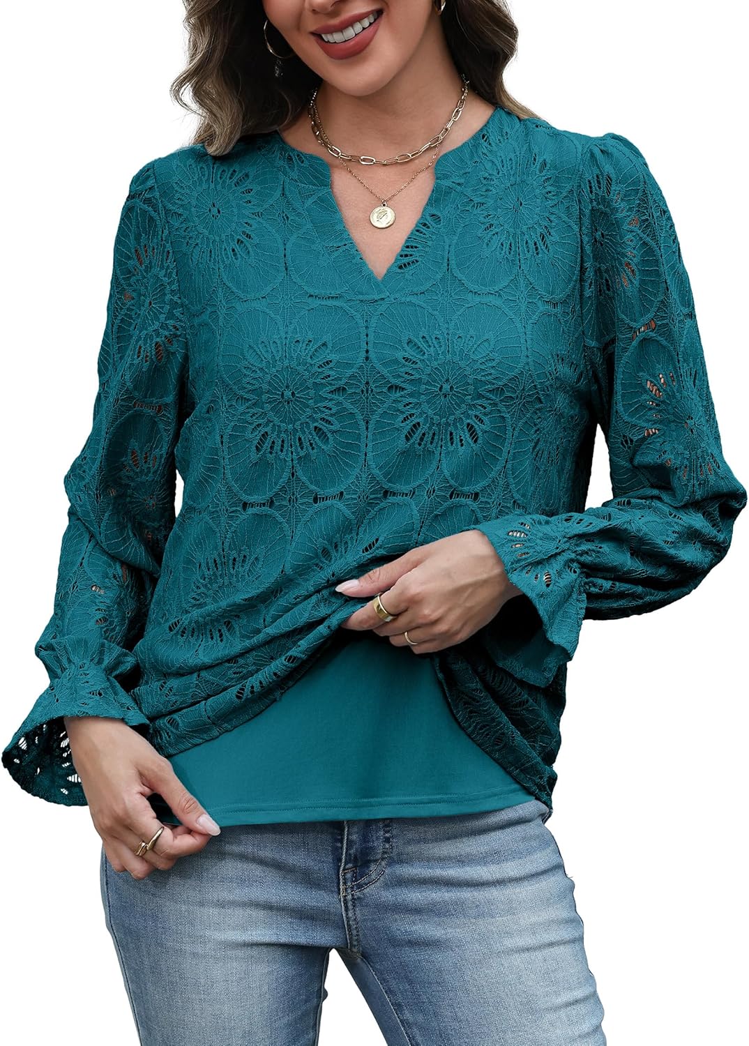RUMIA Womens Blouses V Neck Eyelet Lace Tops with Lining Dressy Sheer Long Sleeve Shirts Embroidered Blouses 2025 Fashion