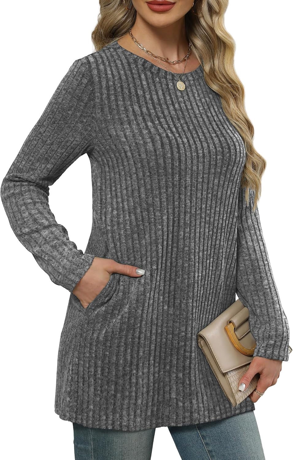 XIEERDUO Long Sleeve Shirts for Women Crewneck Tunic Tops Loose Fit Dressy Womens Sweaters with Pockets Fall Fashion 2025