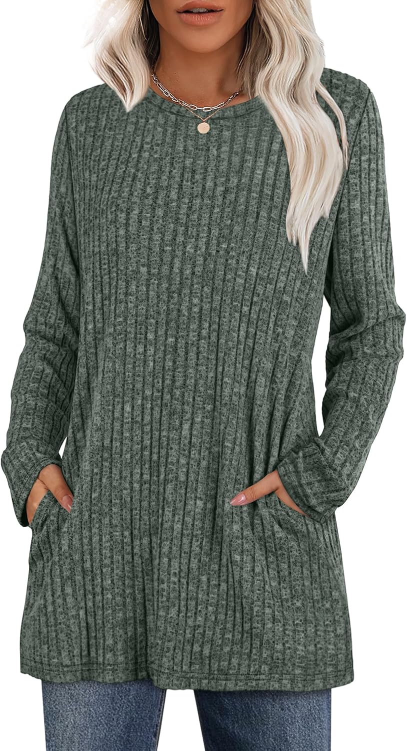 XIEERDUO Long Sleeve Shirts for Women Crewneck Tunic Tops Loose Fit Dressy Womens Sweaters with Pockets Fall Fashion 2025