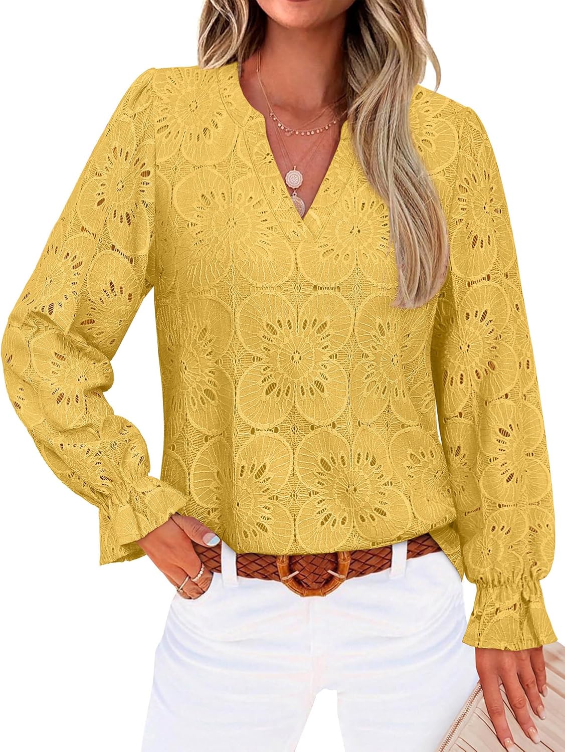 RUMIA Womens Blouses V Neck Eyelet Lace Tops with Lining Dressy Sheer Long Sleeve Shirts Embroidered Blouses 2025 Fashion