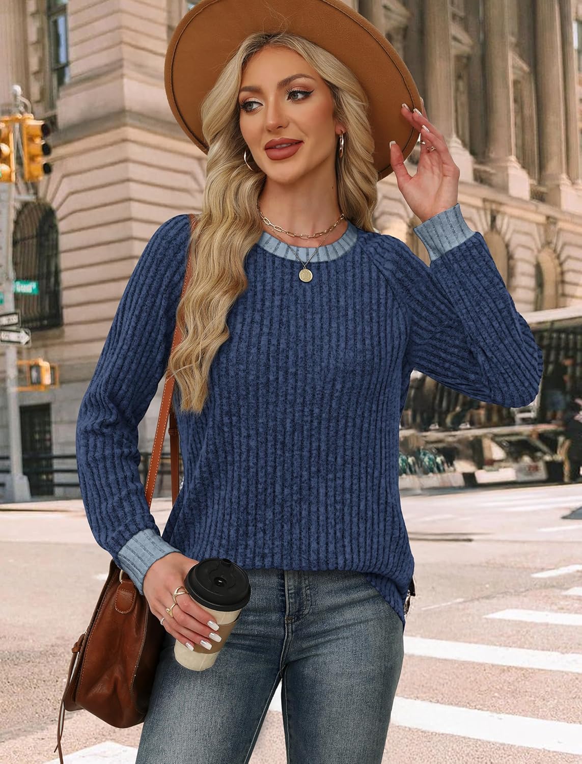 WIHOLL Long Sleeve Shirts for Women Lightweight Sweaters Fall Outfits 2025 Color Block Winter Clothing Dressy Casual Soft