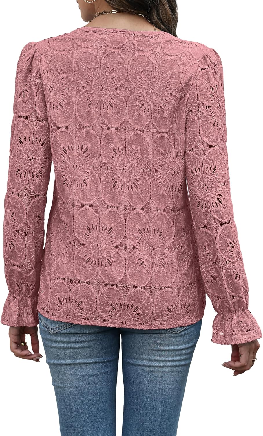 RUMIA Womens Blouses V Neck Eyelet Lace Tops with Lining Dressy Sheer Long Sleeve Shirts Embroidered Blouses 2025 Fashion