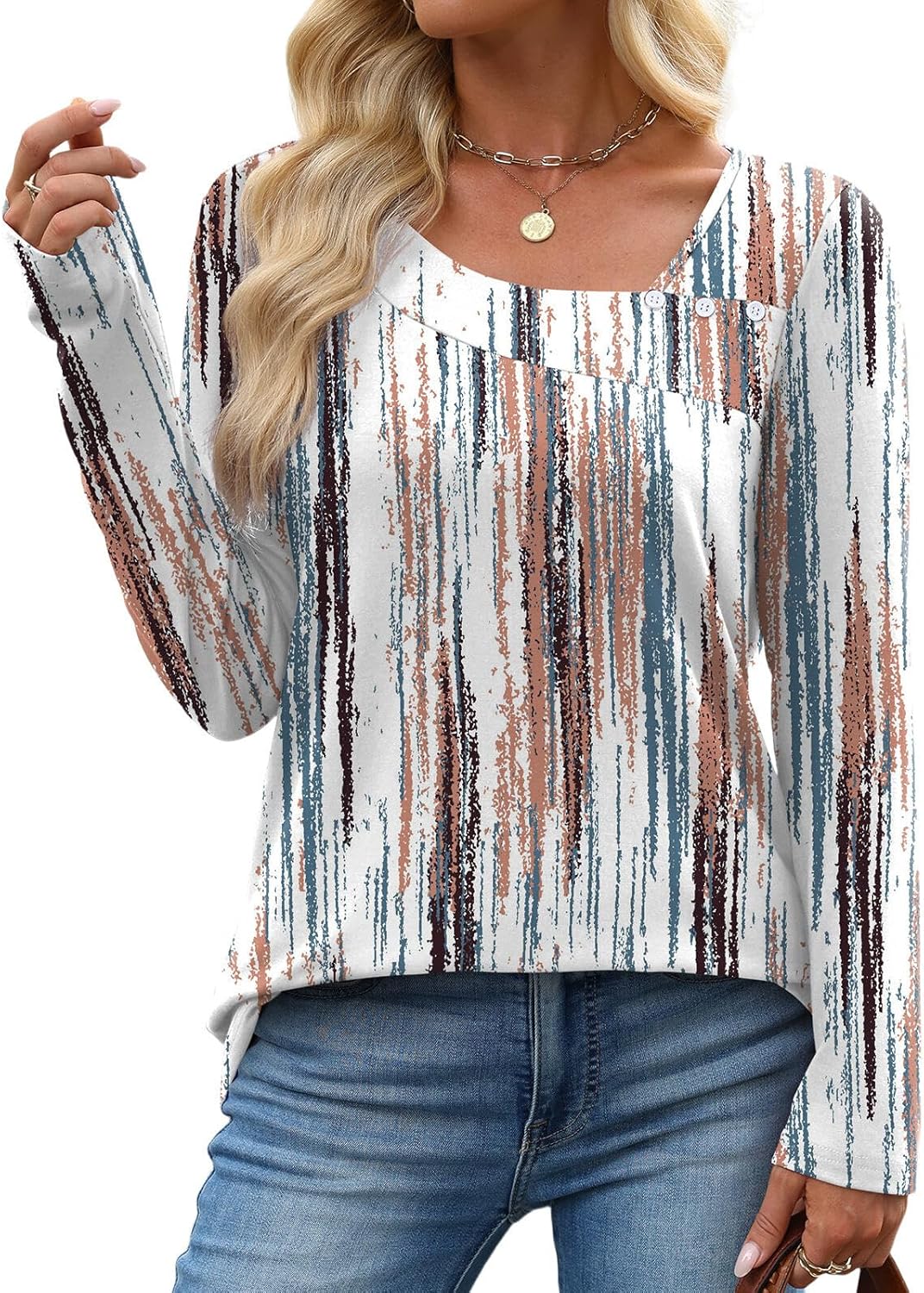 OFEEFAN Long Sleeve Shirts for Women Fall Clothes Asymmetric Square Neck Tunic Tops Decorative Buttons