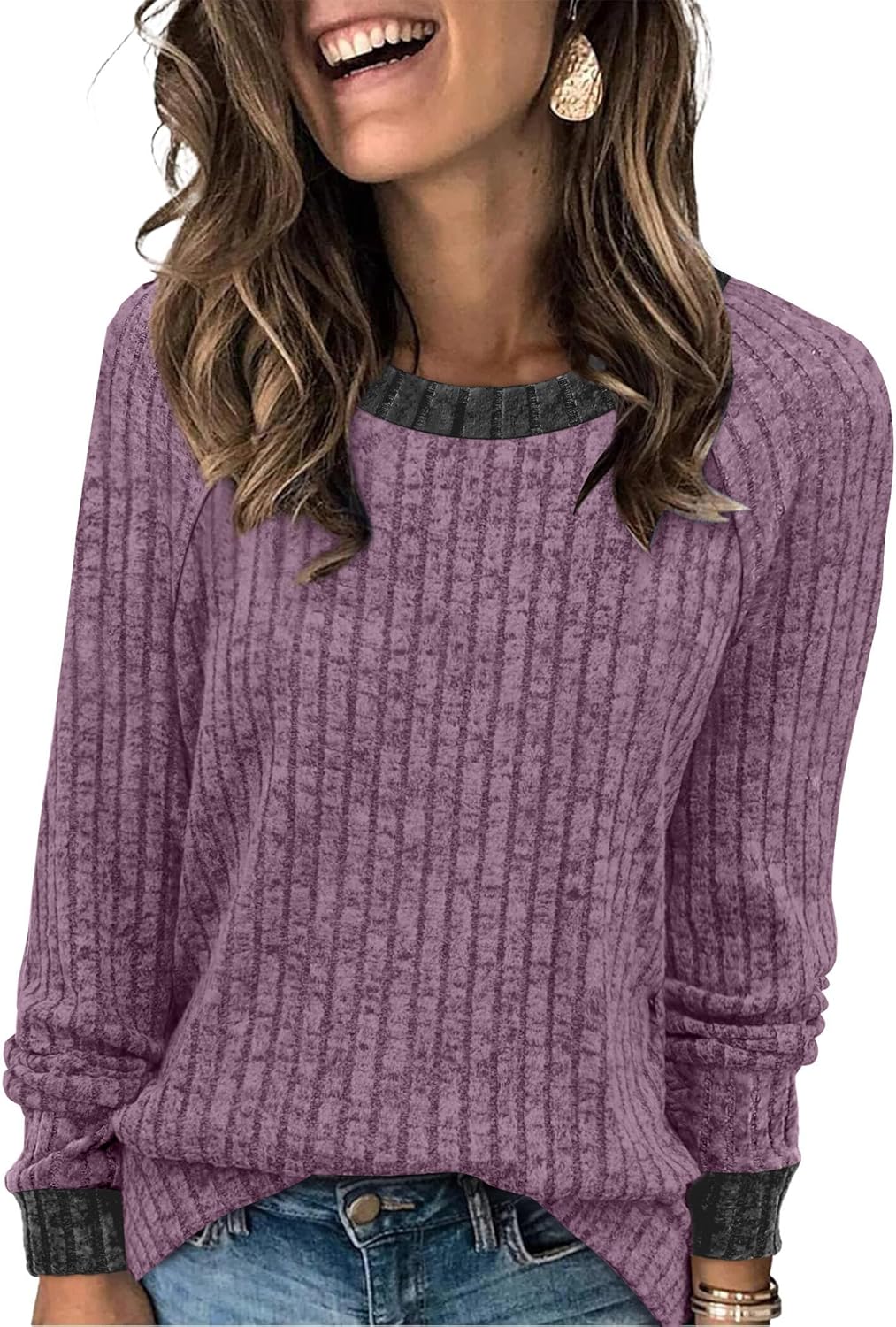 WIHOLL Long Sleeve Shirts for Women Lightweight Sweaters Fall Outfits 2025 Color Block Winter Clothing Dressy Casual Soft