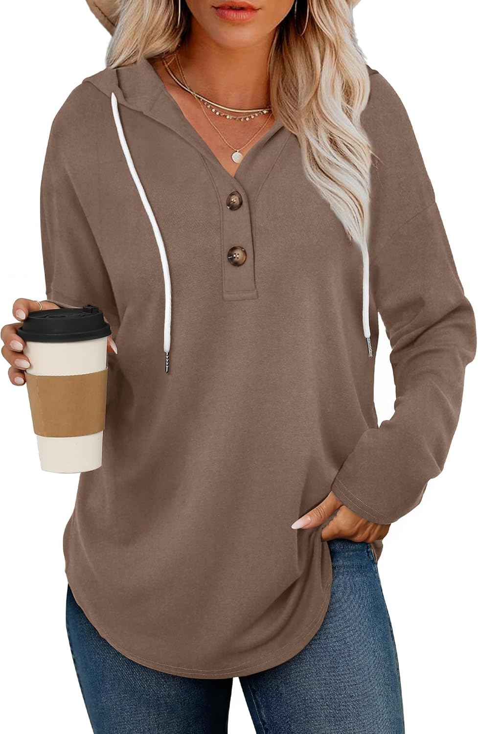 RUMIA Womens Tops V Neck Button Sweatshirt for Women Pullover Long Sleeve Shirts Fall Outfits 2025 Loose Fit S-3XL