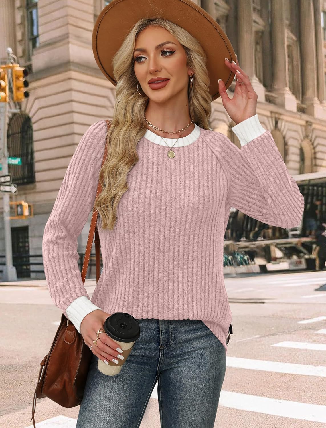 WIHOLL Long Sleeve Shirts for Women Lightweight Sweaters Fall Outfits 2025 Color Block Winter Clothing Dressy Casual Soft