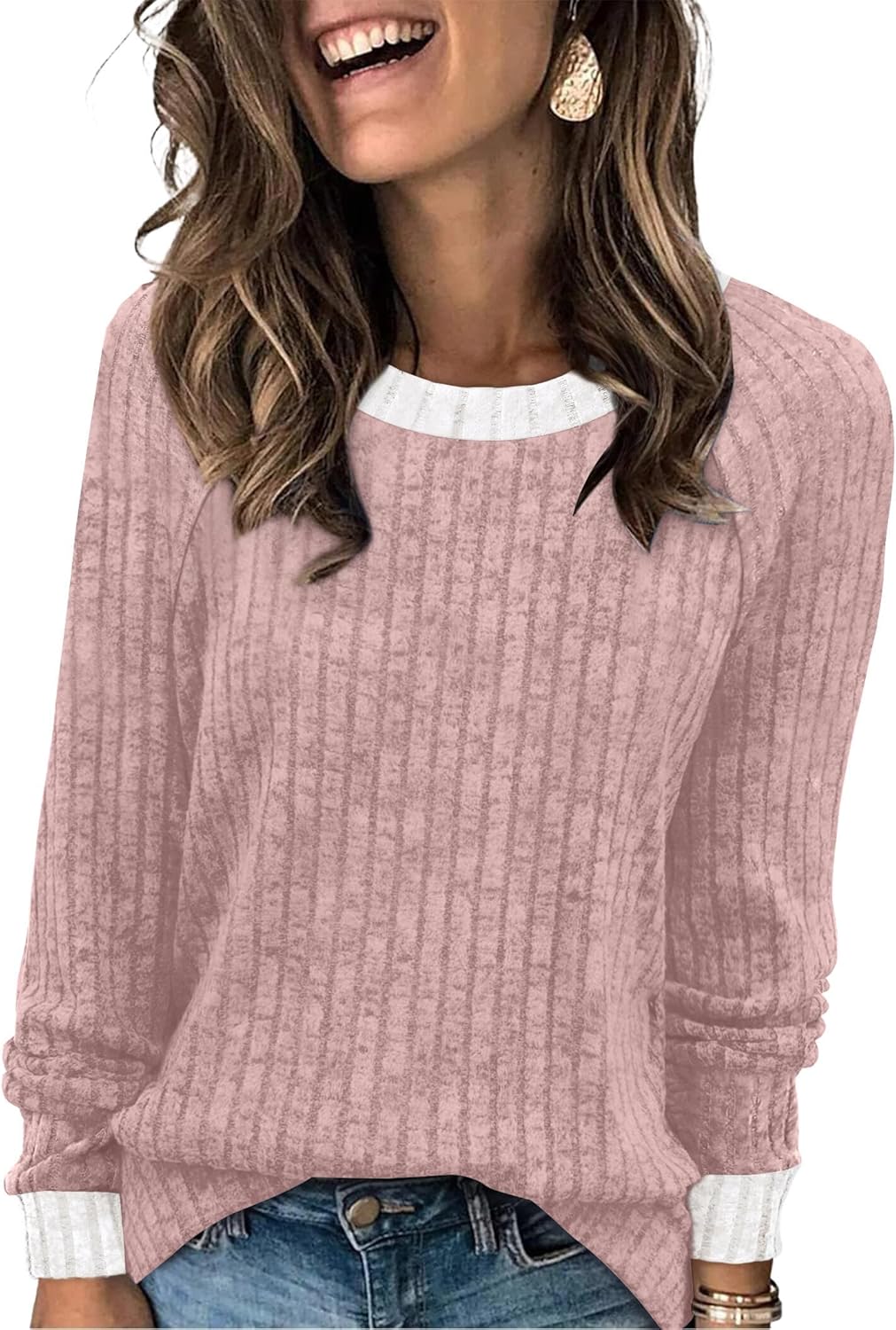 WIHOLL Long Sleeve Shirts for Women Lightweight Sweaters Fall Outfits 2025 Color Block Winter Clothing Dressy Casual Soft