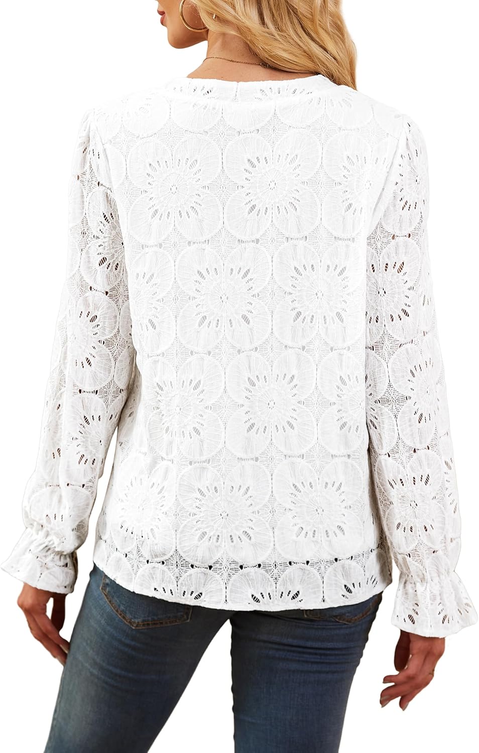 RUMIA Womens Blouses V Neck Eyelet Lace Tops with Lining Dressy Sheer Long Sleeve Shirts Embroidered Blouses 2025 Fashion