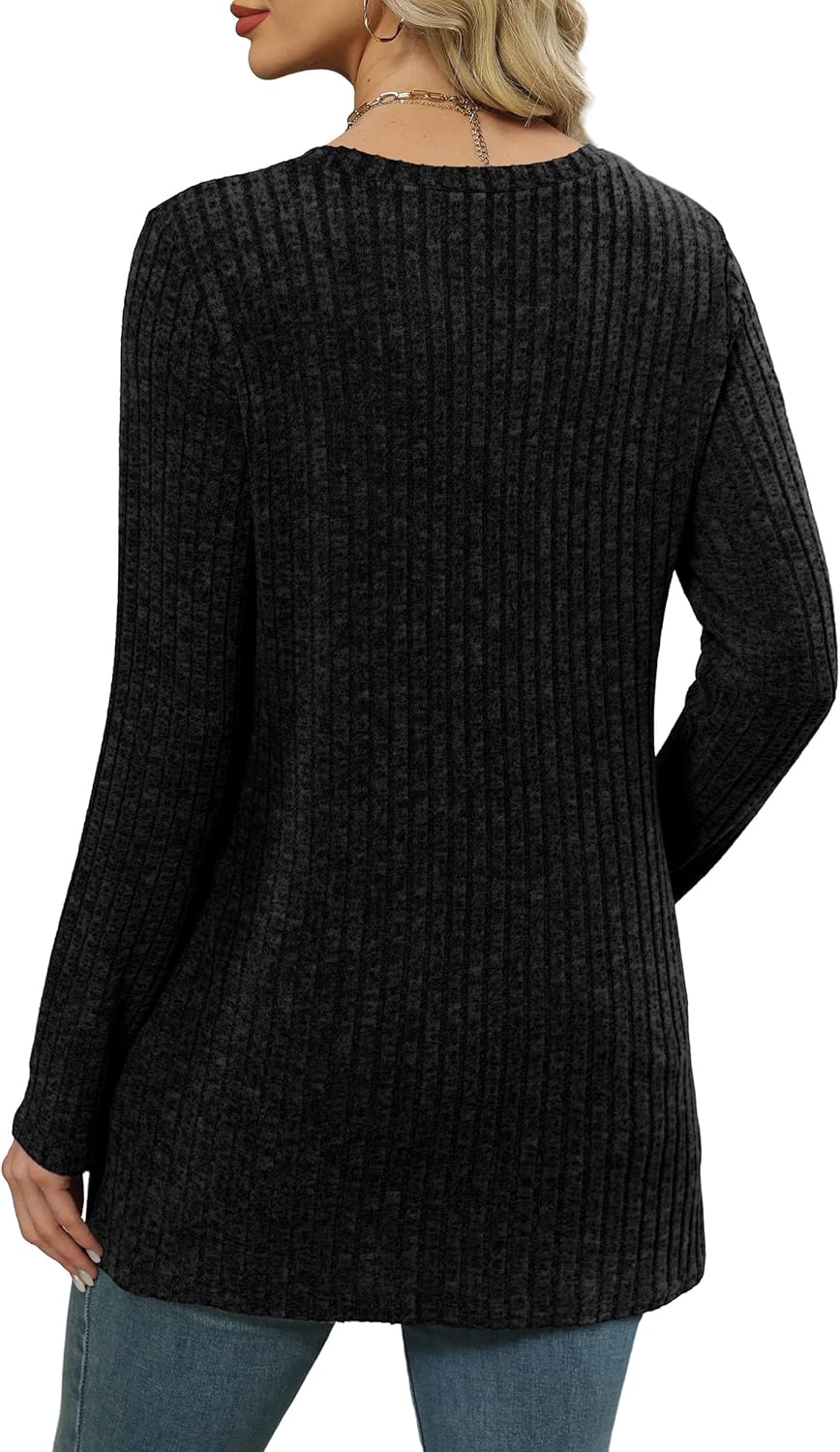 XIEERDUO Long Sleeve Shirts for Women Crewneck Tunic Tops Loose Fit Dressy Womens Sweaters with Pockets Fall Fashion 2025