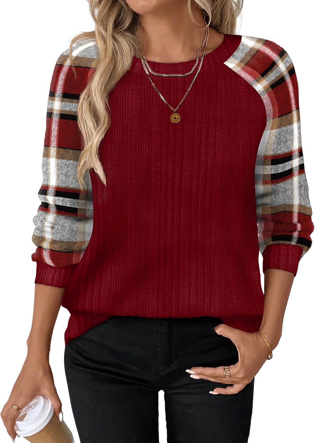 WIHOLL Long Sleeve Shirts for Women Lightweight Sweaters Fall Outfits 2025 Color Block Winter Clothing Dressy Casual Soft