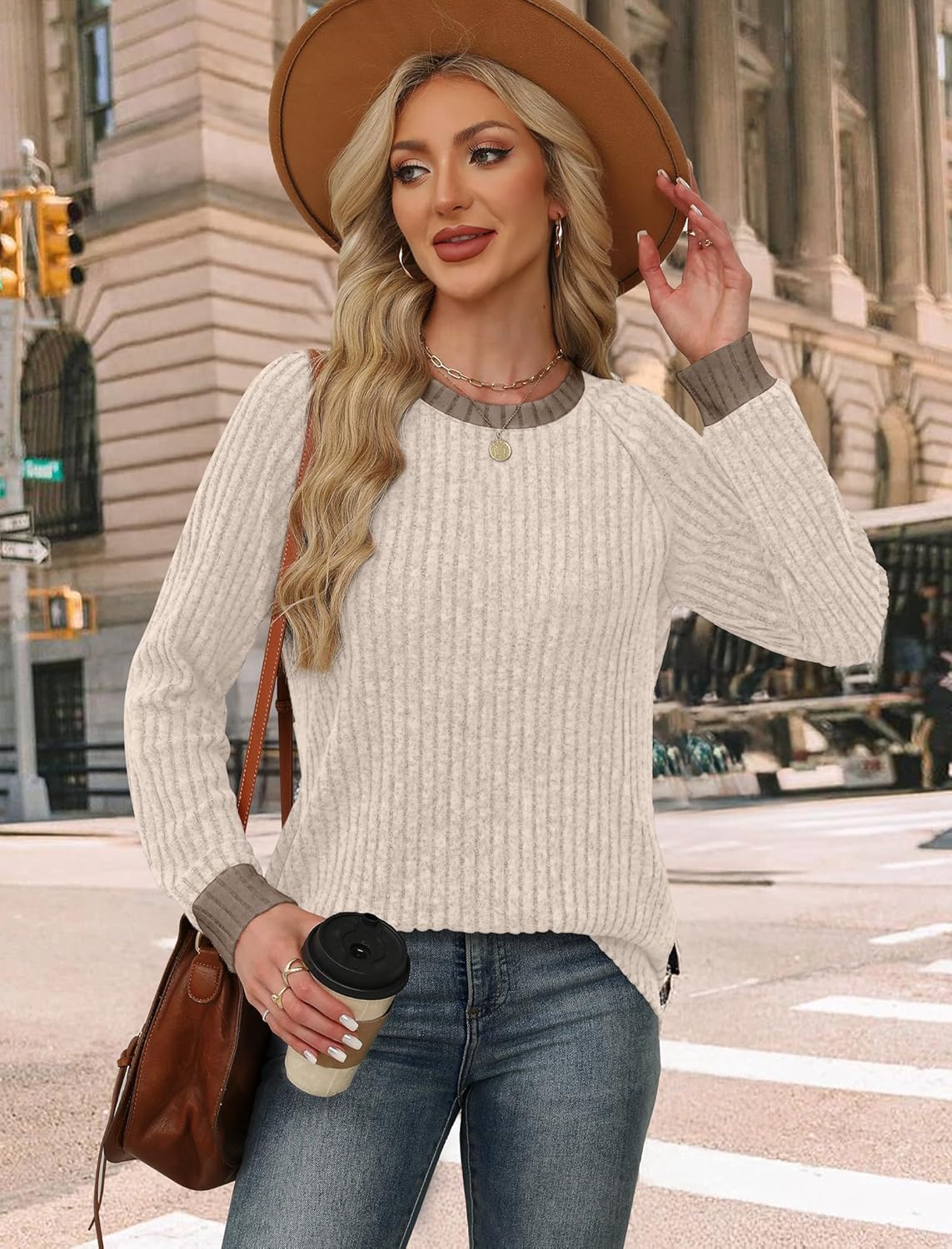 WIHOLL Long Sleeve Shirts for Women Lightweight Sweaters Fall Outfits 2025 Color Block Winter Clothing Dressy Casual Soft