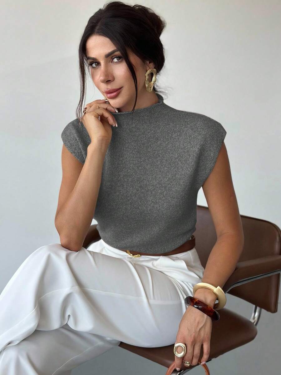 Milumia Women's Cap Sleeve Sweater Vest Mock Neck Sleeveless Casual Dressy Tops Knitwear