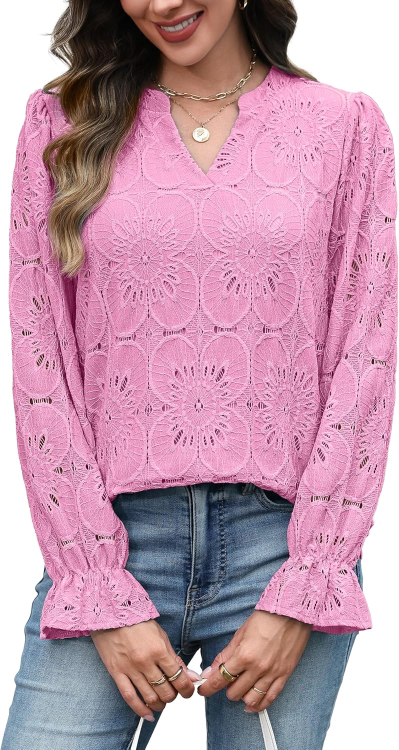 RUMIA Womens Blouses V Neck Eyelet Lace Tops with Lining Dressy Sheer Long Sleeve Shirts Embroidered Blouses 2025 Fashion
