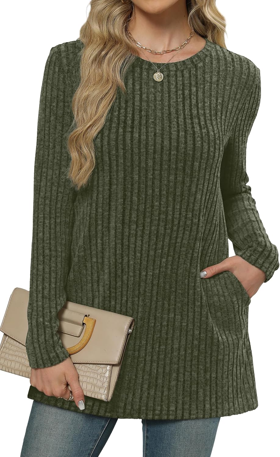 XIEERDUO Long Sleeve Shirts for Women Crewneck Tunic Tops Loose Fit Dressy Womens Sweaters with Pockets Fall Fashion 2025