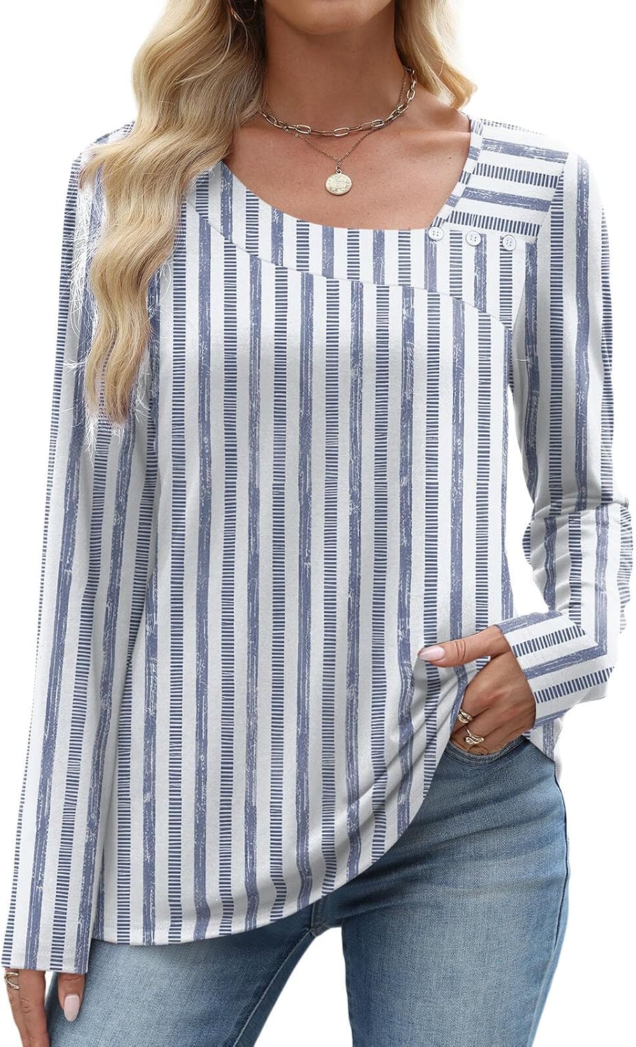 OFEEFAN Long Sleeve Shirts for Women Fall Clothes Asymmetric Square Neck Tunic Tops Decorative Buttons