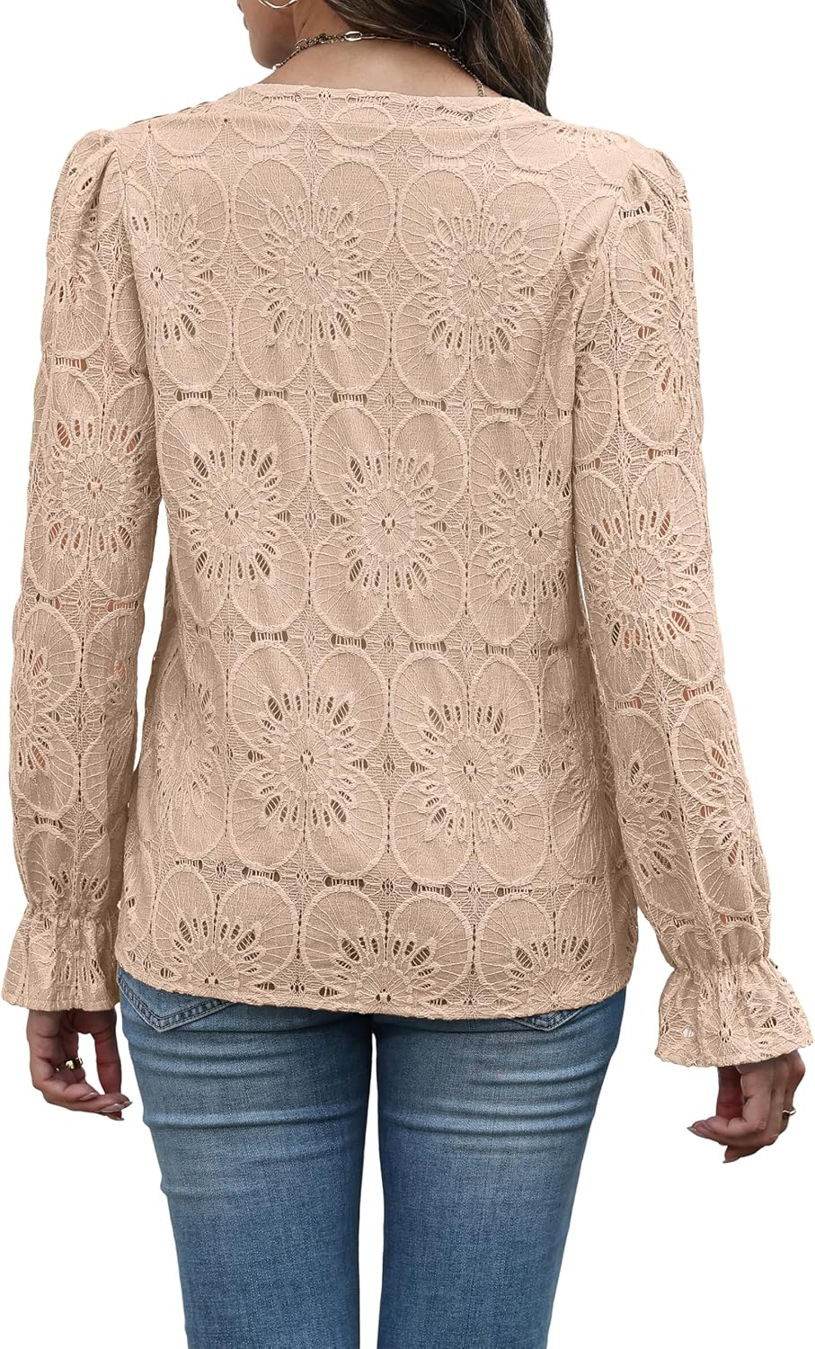 RUMIA Womens Blouses V Neck Eyelet Lace Tops with Lining Dressy Sheer Long Sleeve Shirts Embroidered Blouses 2025 Fashion