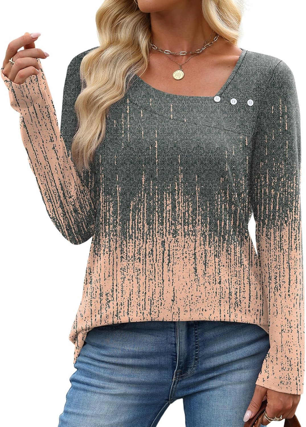 OFEEFAN Long Sleeve Shirts for Women Fall Clothes Asymmetric Square Neck Tunic Tops Decorative Buttons