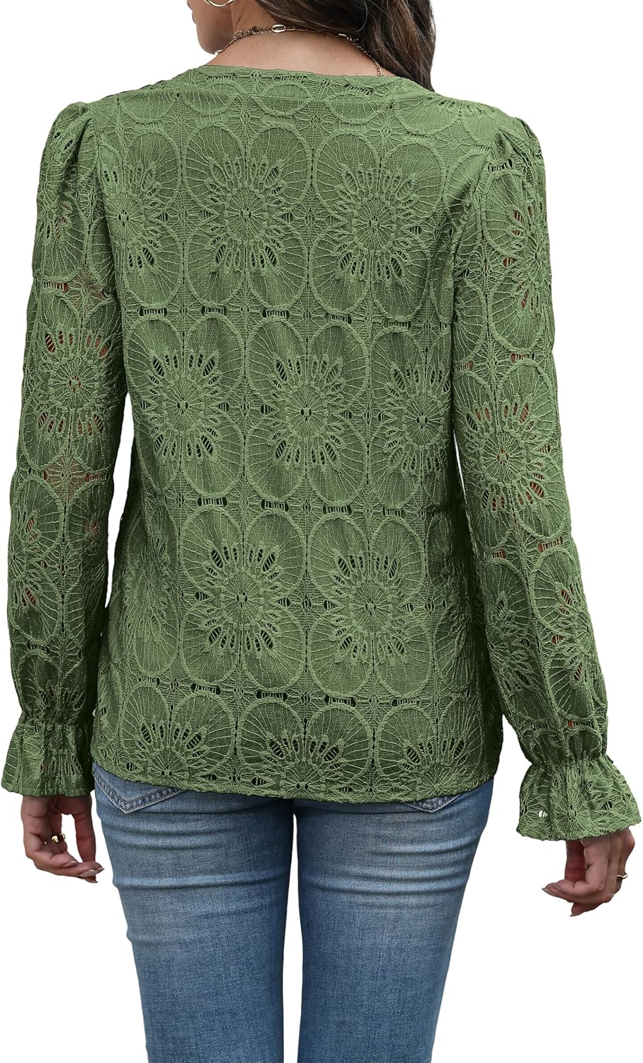 RUMIA Womens Blouses V Neck Eyelet Lace Tops with Lining Dressy Sheer Long Sleeve Shirts Embroidered Blouses 2025 Fashion