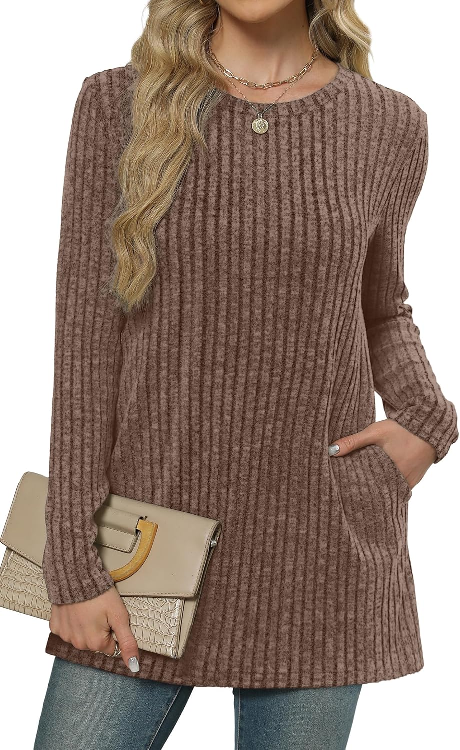 XIEERDUO Long Sleeve Shirts for Women Crewneck Tunic Tops Loose Fit Dressy Womens Sweaters with Pockets Fall Fashion 2025