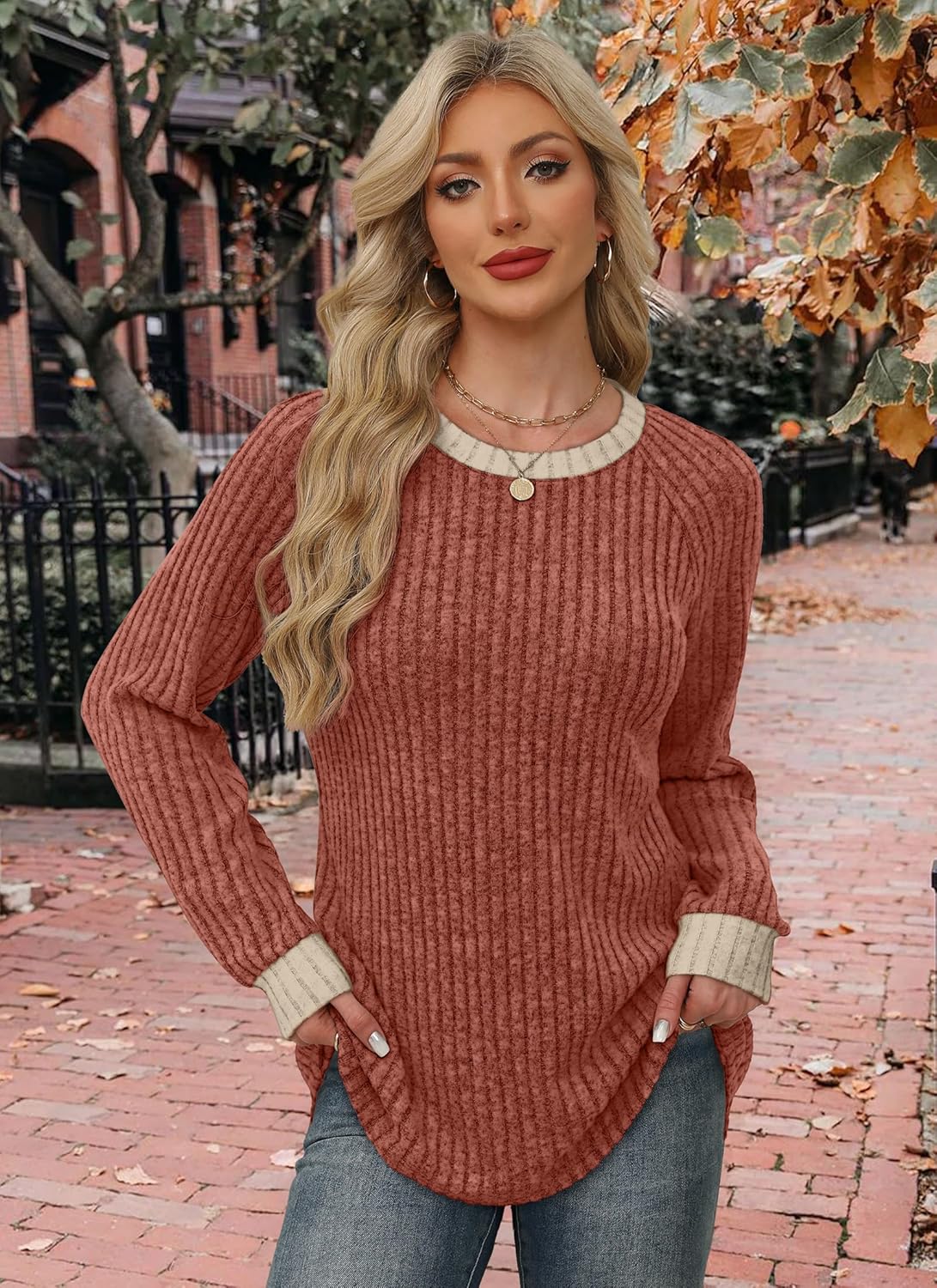 WIHOLL Long Sleeve Shirts for Women Lightweight Sweaters Fall Outfits 2025 Color Block Winter Clothing Dressy Casual Soft
