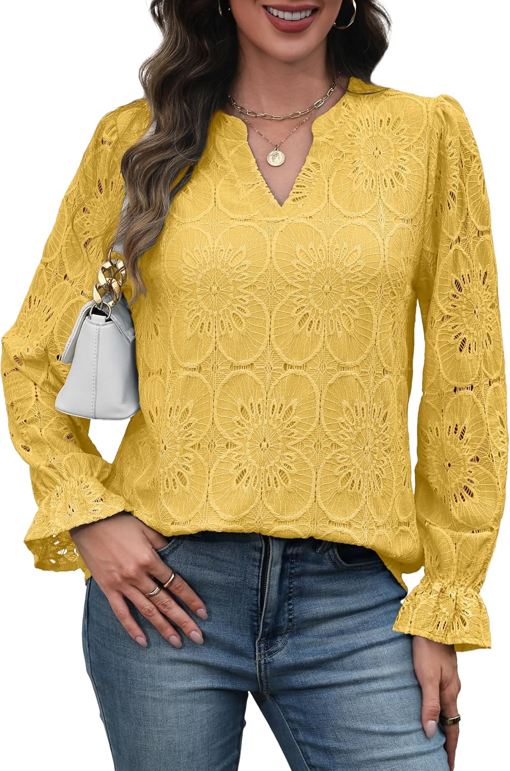 RUMIA Womens Blouses V Neck Eyelet Lace Tops with Lining Dressy Sheer Long Sleeve Shirts Embroidered Blouses 2025 Fashion