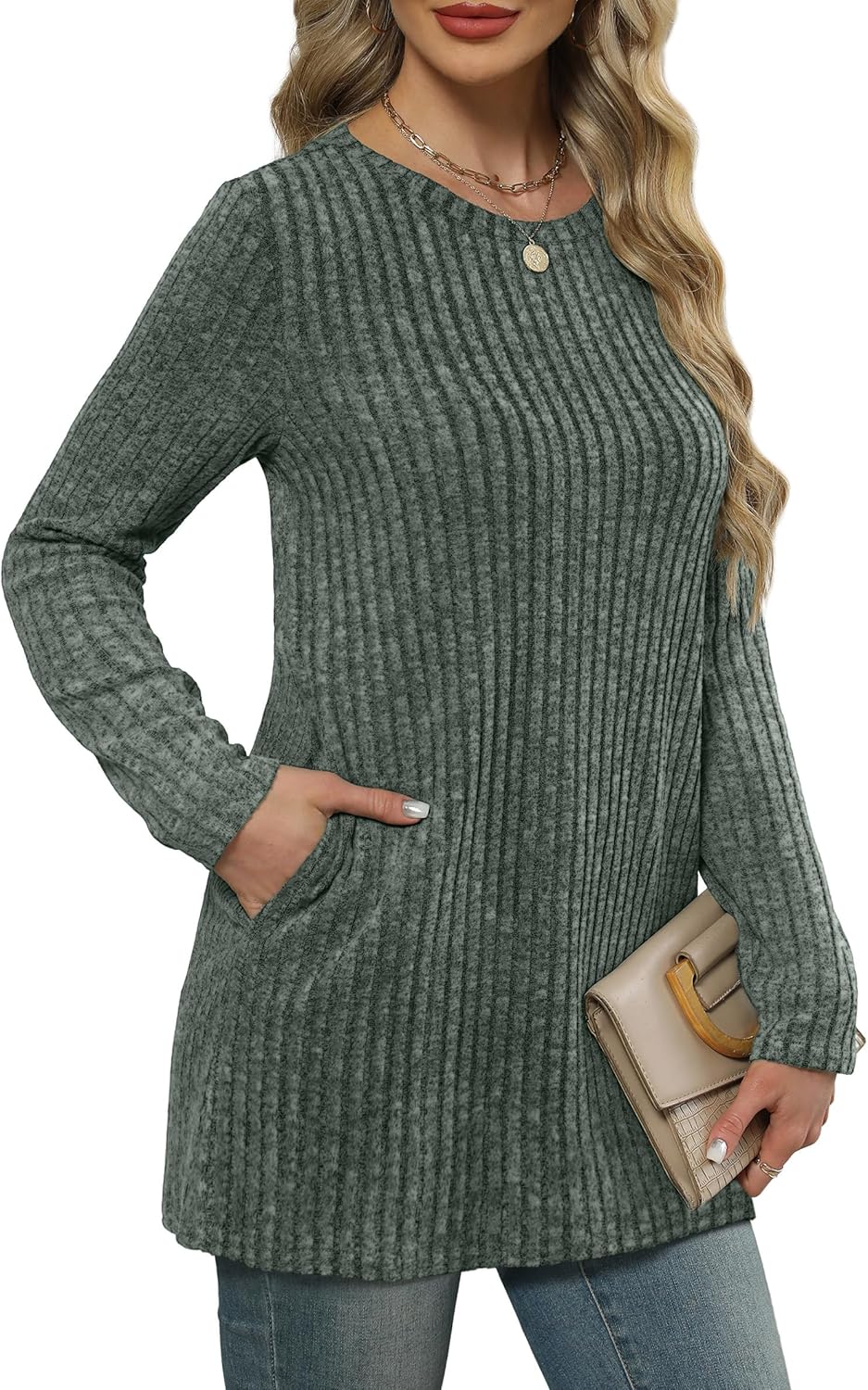 XIEERDUO Long Sleeve Shirts for Women Crewneck Tunic Tops Loose Fit Dressy Womens Sweaters with Pockets Fall Fashion 2025