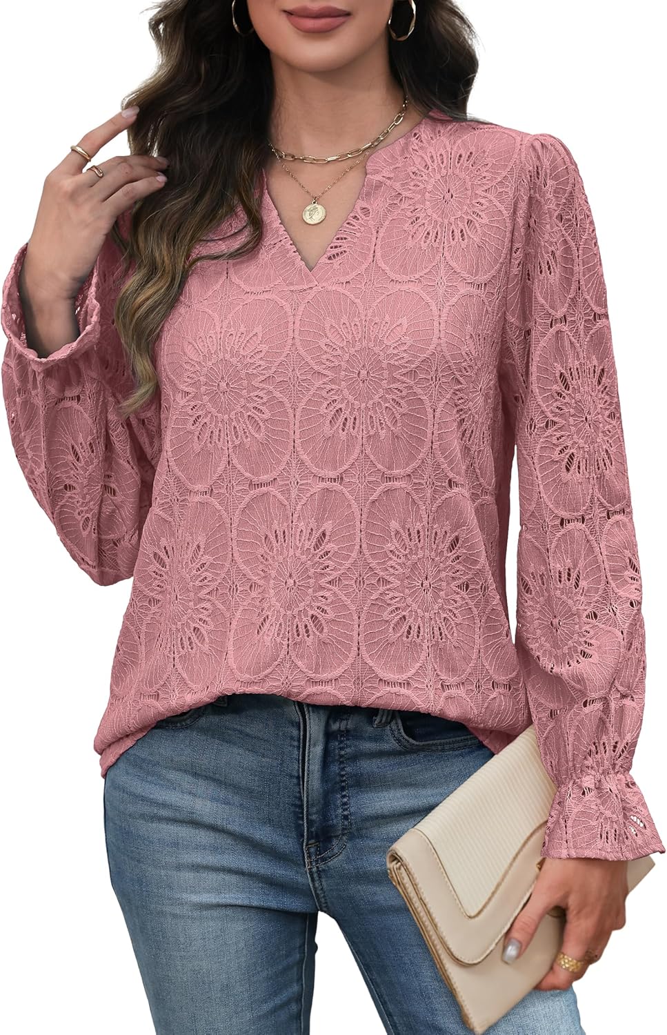 RUMIA Womens Blouses V Neck Eyelet Lace Tops with Lining Dressy Sheer Long Sleeve Shirts Embroidered Blouses 2025 Fashion