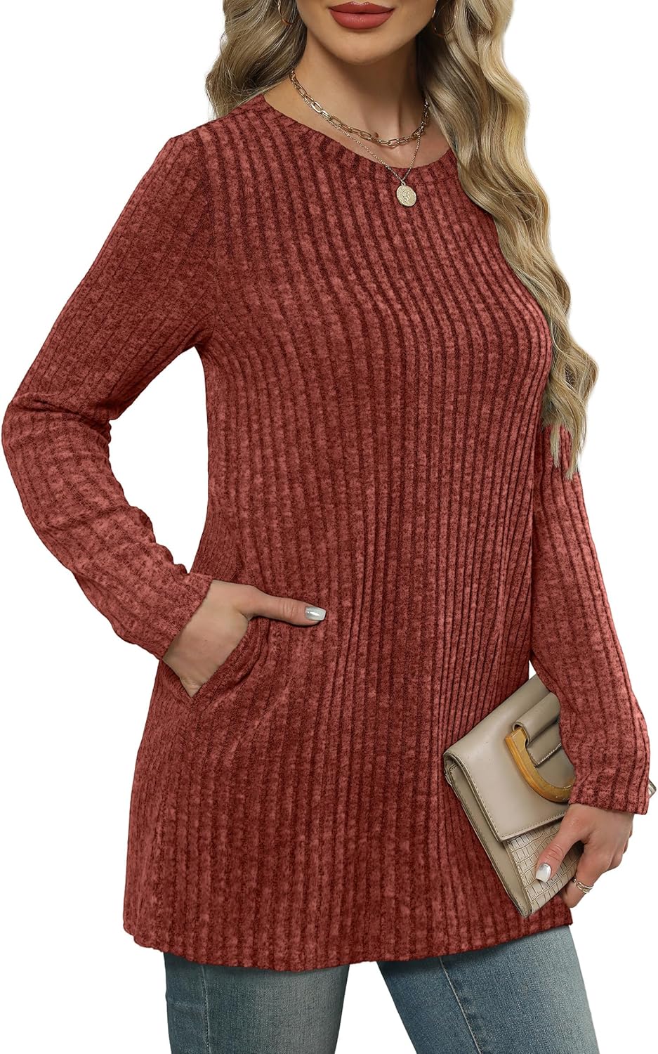 XIEERDUO Long Sleeve Shirts for Women Crewneck Tunic Tops Loose Fit Dressy Womens Sweaters with Pockets Fall Fashion 2025
