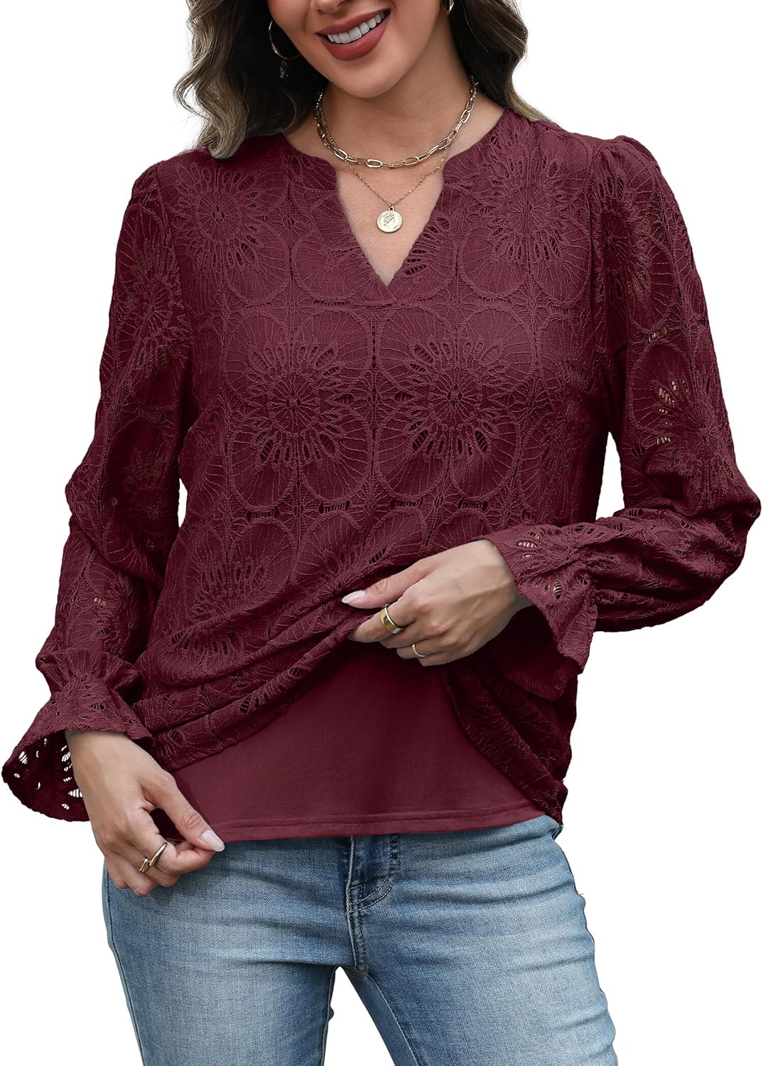 RUMIA Womens Blouses V Neck Eyelet Lace Tops with Lining Dressy Sheer Long Sleeve Shirts Embroidered Blouses 2025 Fashion