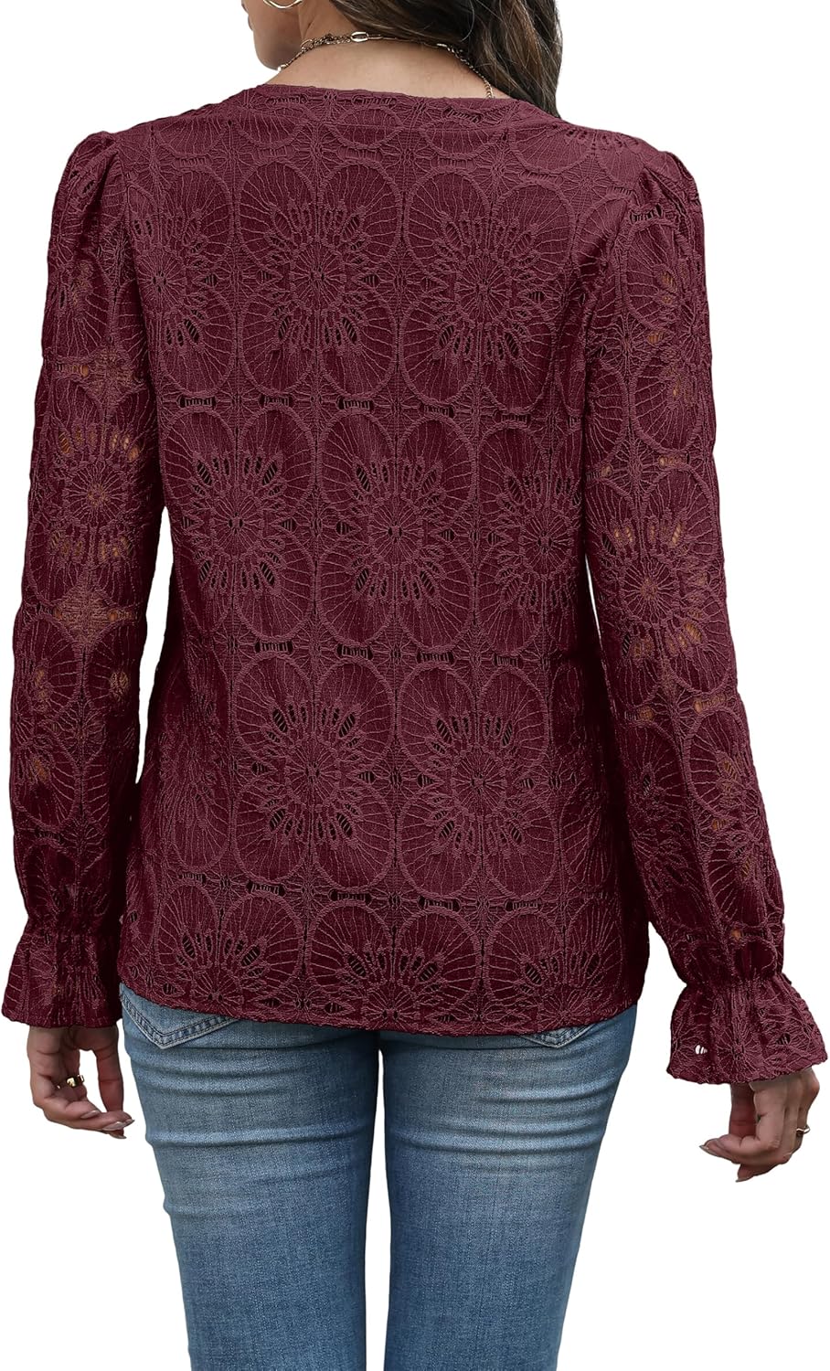 RUMIA Womens Blouses V Neck Eyelet Lace Tops with Lining Dressy Sheer Long Sleeve Shirts Embroidered Blouses 2025 Fashion