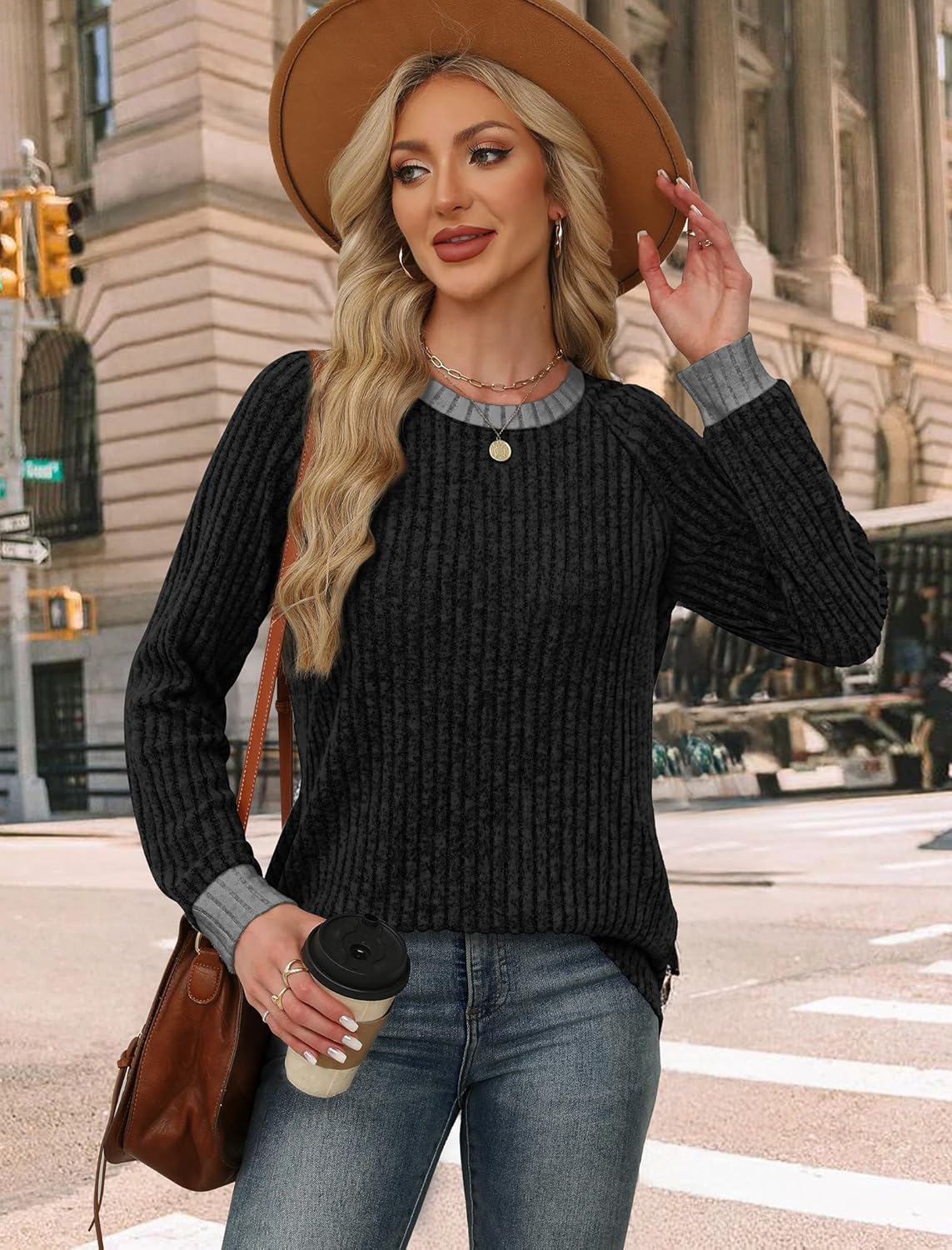 WIHOLL Long Sleeve Shirts for Women Lightweight Sweaters Fall Outfits 2025 Color Block Winter Clothing Dressy Casual Soft