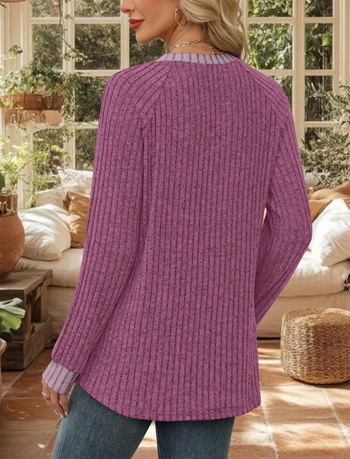 WIHOLL Long Sleeve Shirts for Women Lightweight Sweaters Fall Outfits 2025 Color Block Winter Clothing Dressy Casual Soft