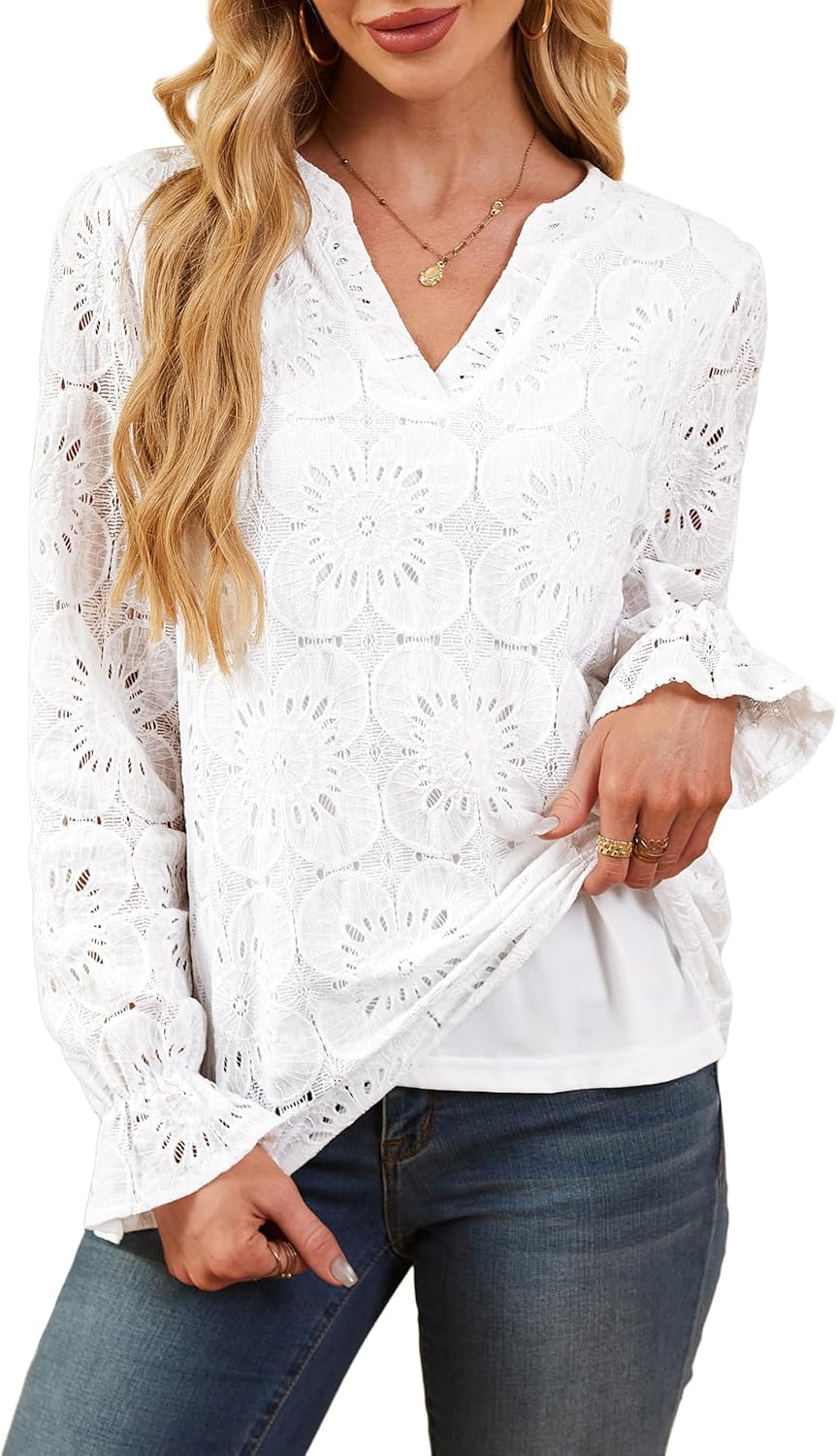 RUMIA Womens Blouses V Neck Eyelet Lace Tops with Lining Dressy Sheer Long Sleeve Shirts Embroidered Blouses 2025 Fashion