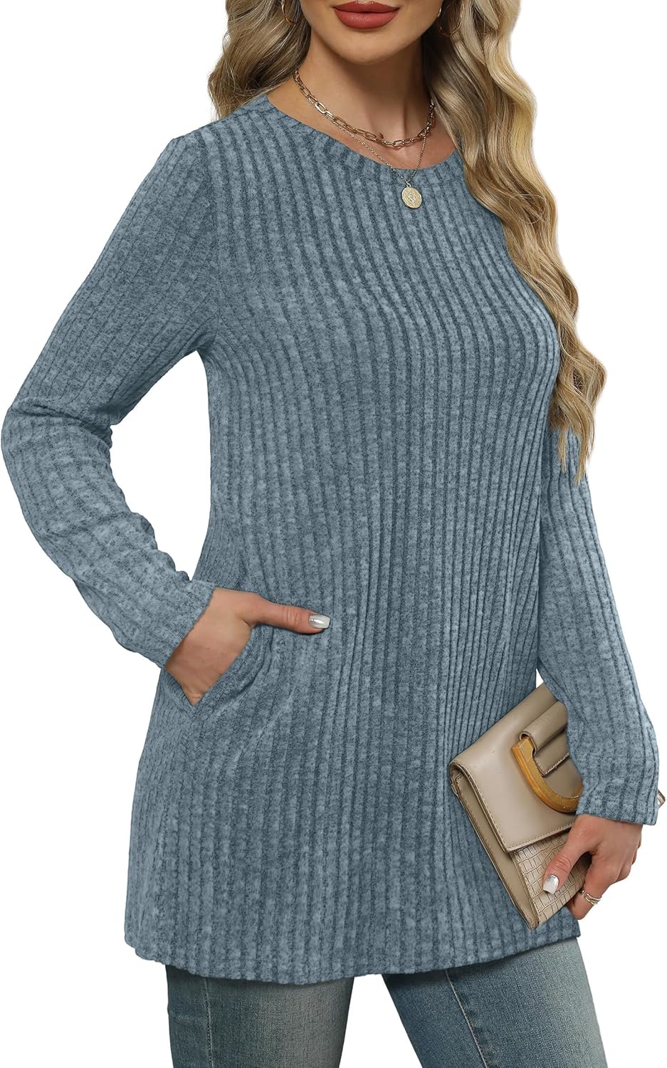 XIEERDUO Long Sleeve Shirts for Women Crewneck Tunic Tops Loose Fit Dressy Womens Sweaters with Pockets Fall Fashion 2025