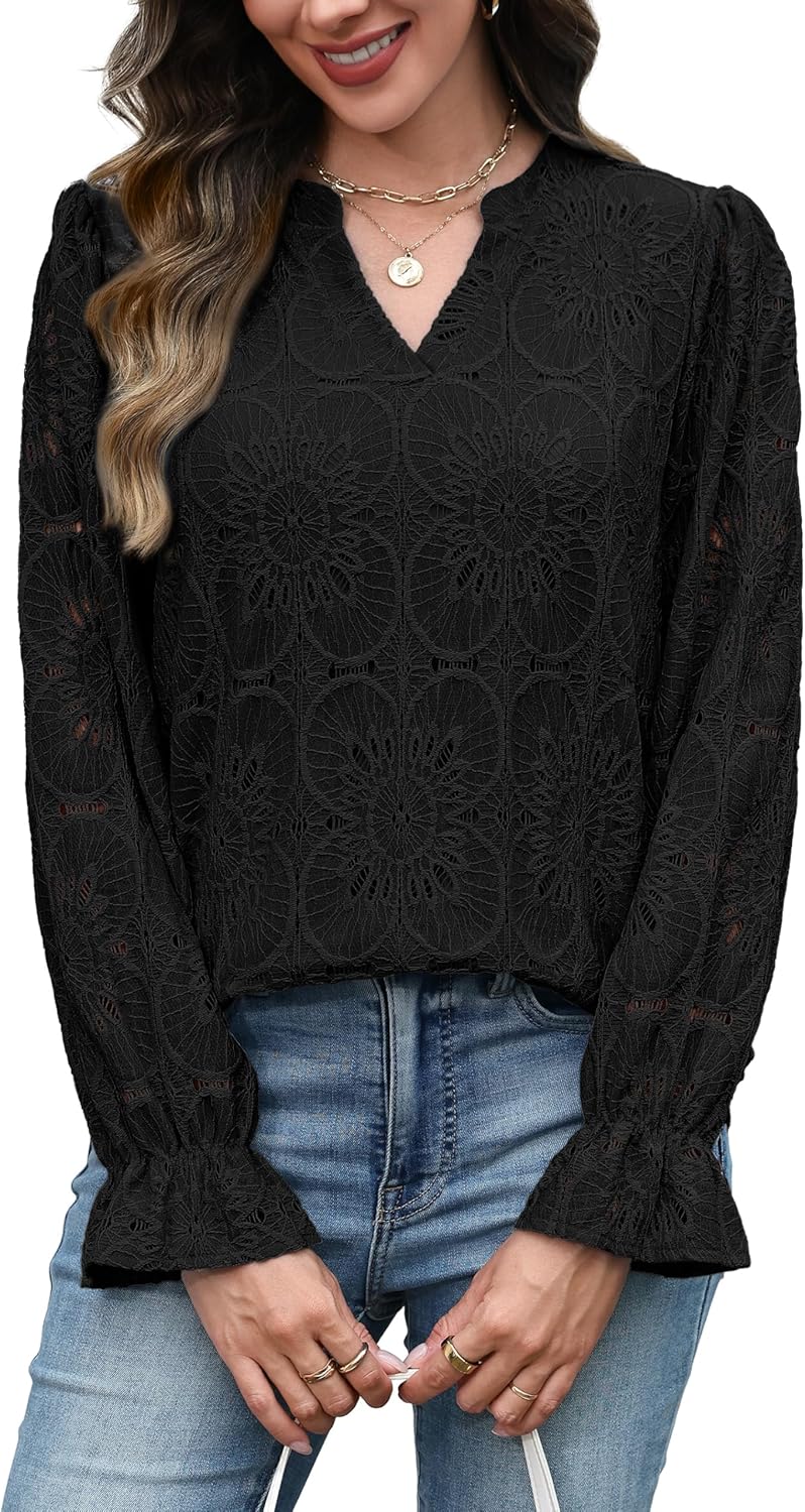 RUMIA Womens Blouses V Neck Eyelet Lace Tops with Lining Dressy Sheer Long Sleeve Shirts Embroidered Blouses 2025 Fashion