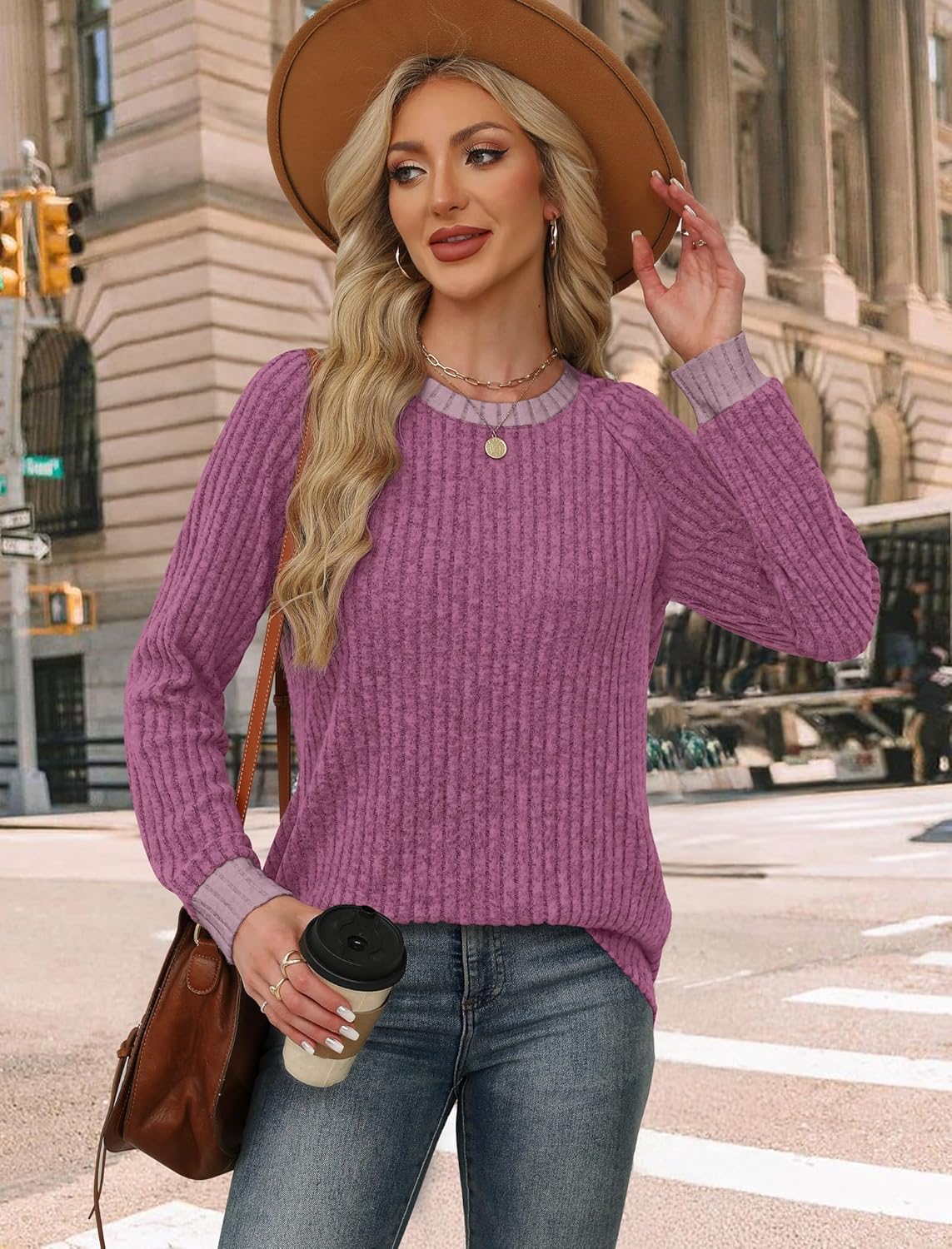 WIHOLL Long Sleeve Shirts for Women Lightweight Sweaters Fall Outfits 2025 Color Block Winter Clothing Dressy Casual Soft
