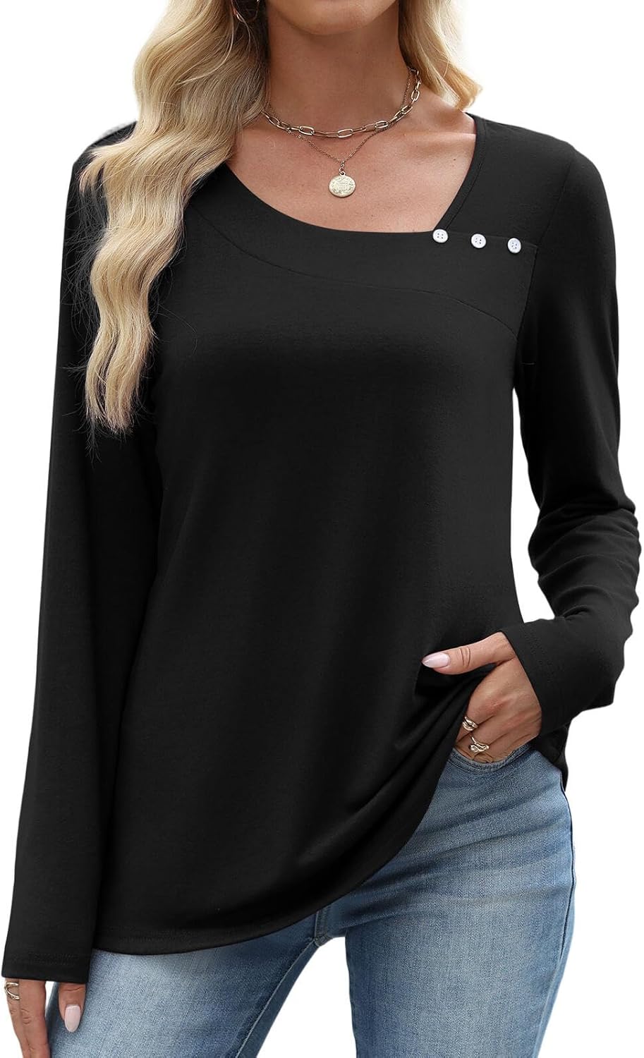 OFEEFAN Long Sleeve Shirts for Women Fall Clothes Asymmetric Square Neck Tunic Tops Decorative Buttons
