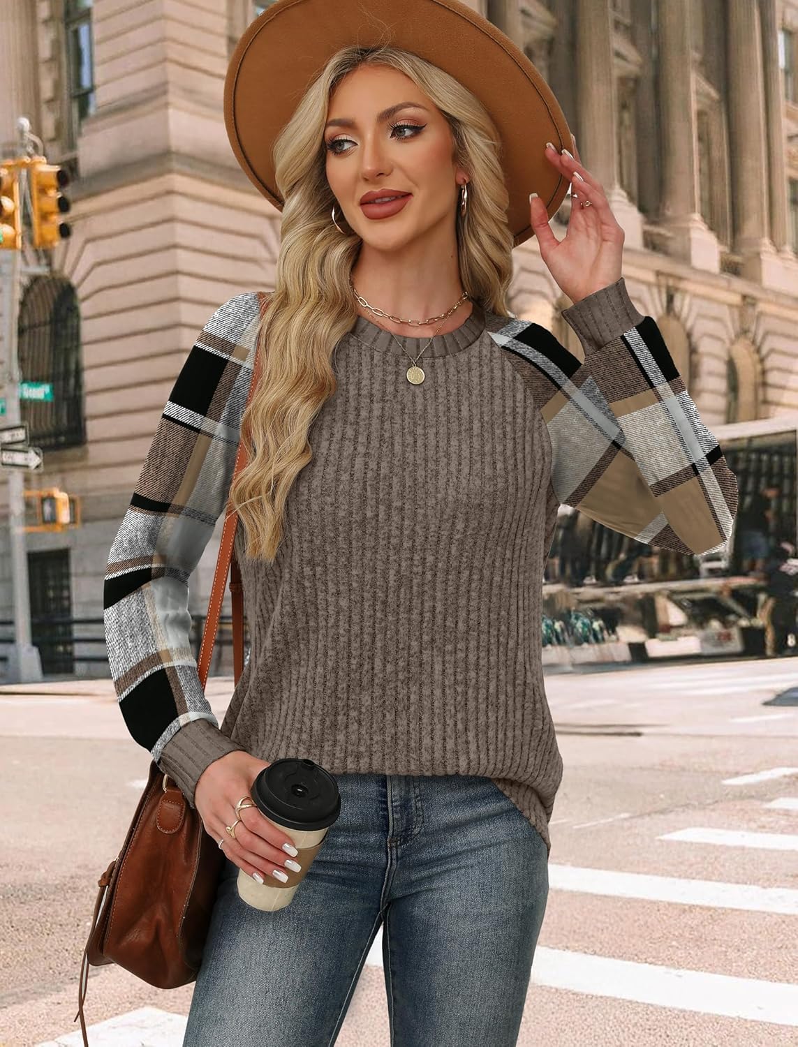 WIHOLL Long Sleeve Shirts for Women Lightweight Sweaters Fall Outfits 2025 Color Block Winter Clothing Dressy Casual Soft