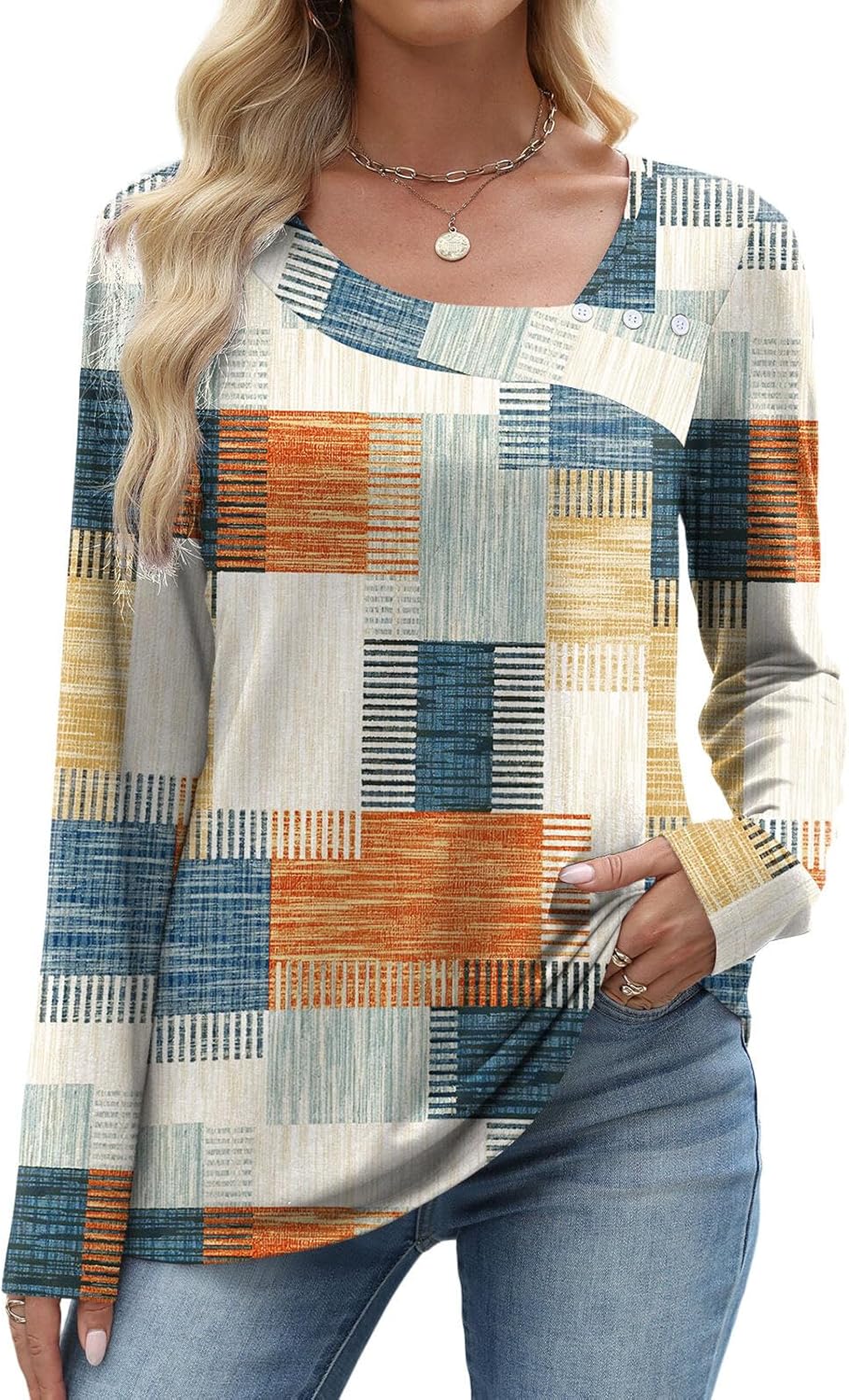 OFEEFAN Long Sleeve Shirts for Women Fall Clothes Asymmetric Square Neck Tunic Tops Decorative Buttons