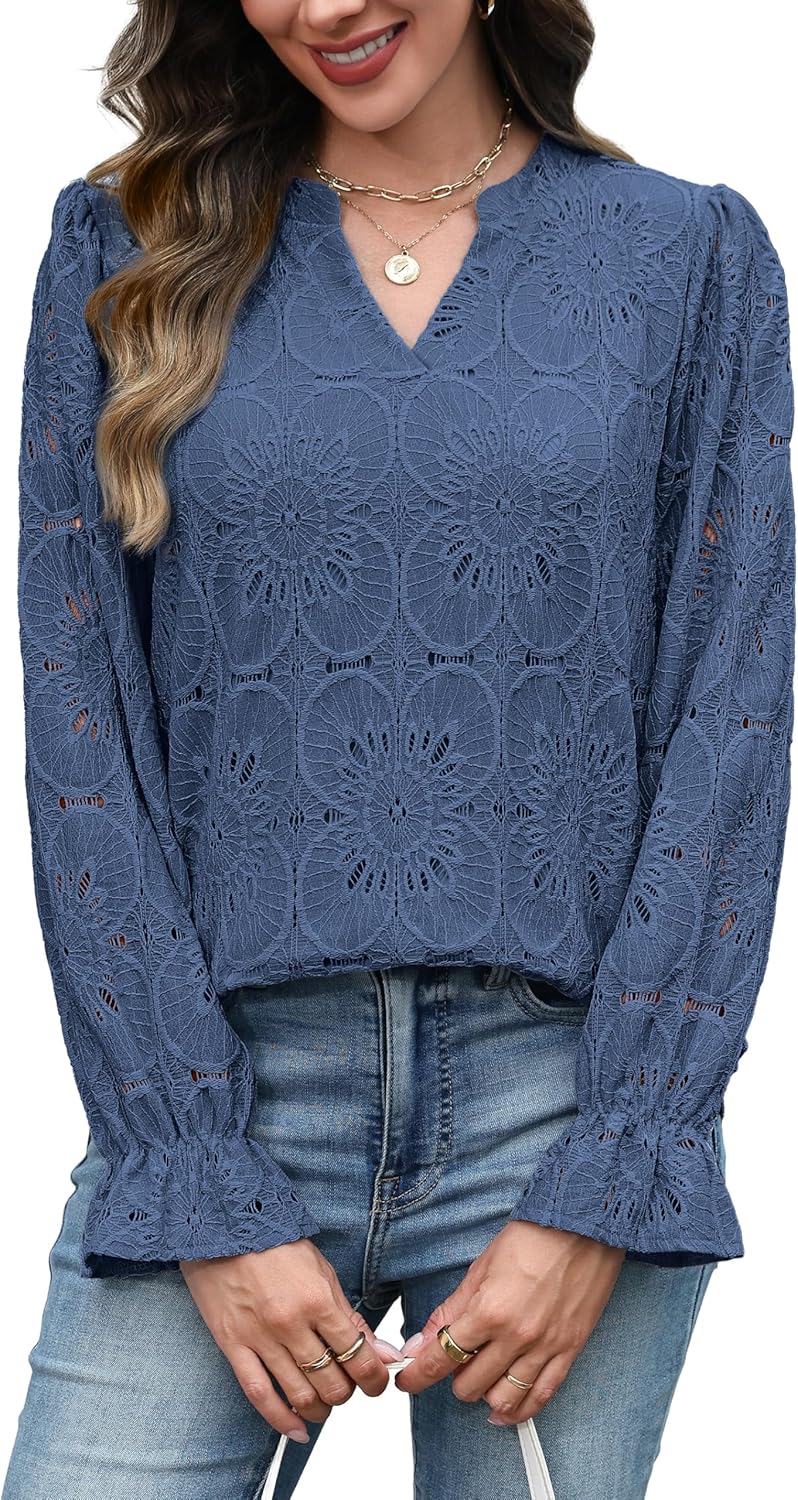 RUMIA Womens Blouses V Neck Eyelet Lace Tops with Lining Dressy Sheer Long Sleeve Shirts Embroidered Blouses 2025 Fashion