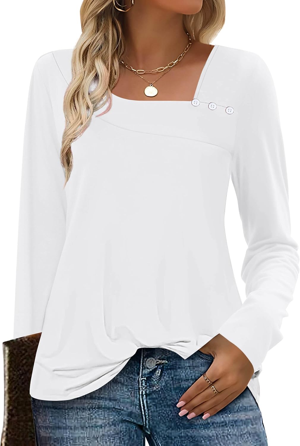 OFEEFAN Long Sleeve Shirts for Women Fall Clothes Asymmetric Square Neck Tunic Tops Decorative Buttons