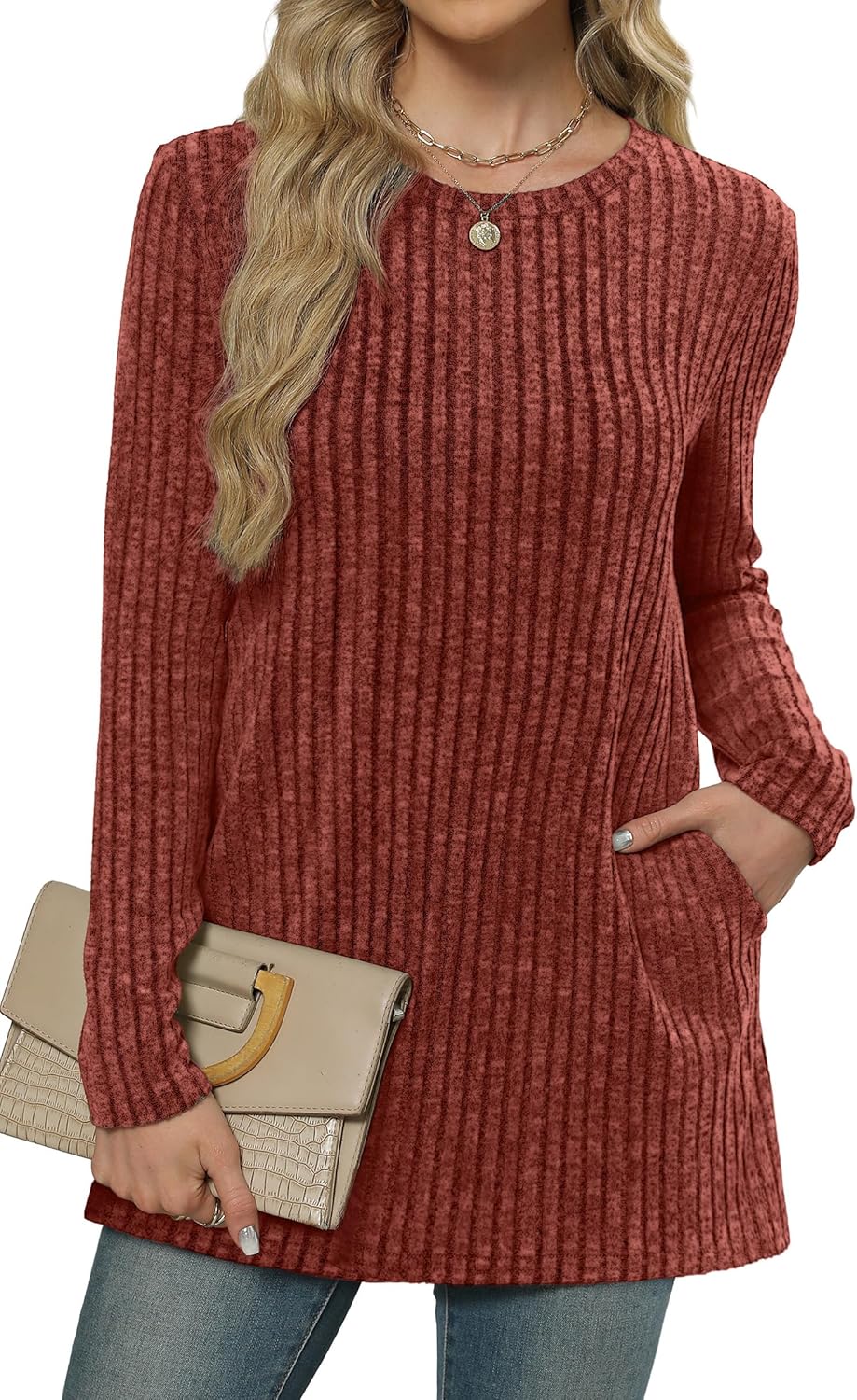 XIEERDUO Long Sleeve Shirts for Women Crewneck Tunic Tops Loose Fit Dressy Womens Sweaters with Pockets Fall Fashion 2025