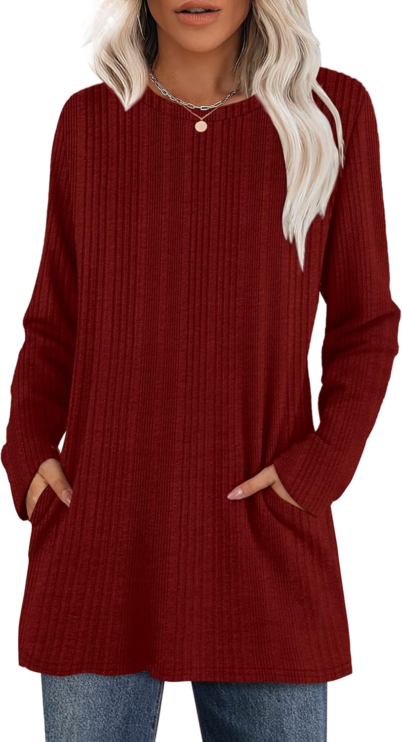 XIEERDUO Long Sleeve Shirts for Women Crewneck Tunic Tops Loose Fit Dressy Womens Sweaters with Pockets Fall Fashion 2025