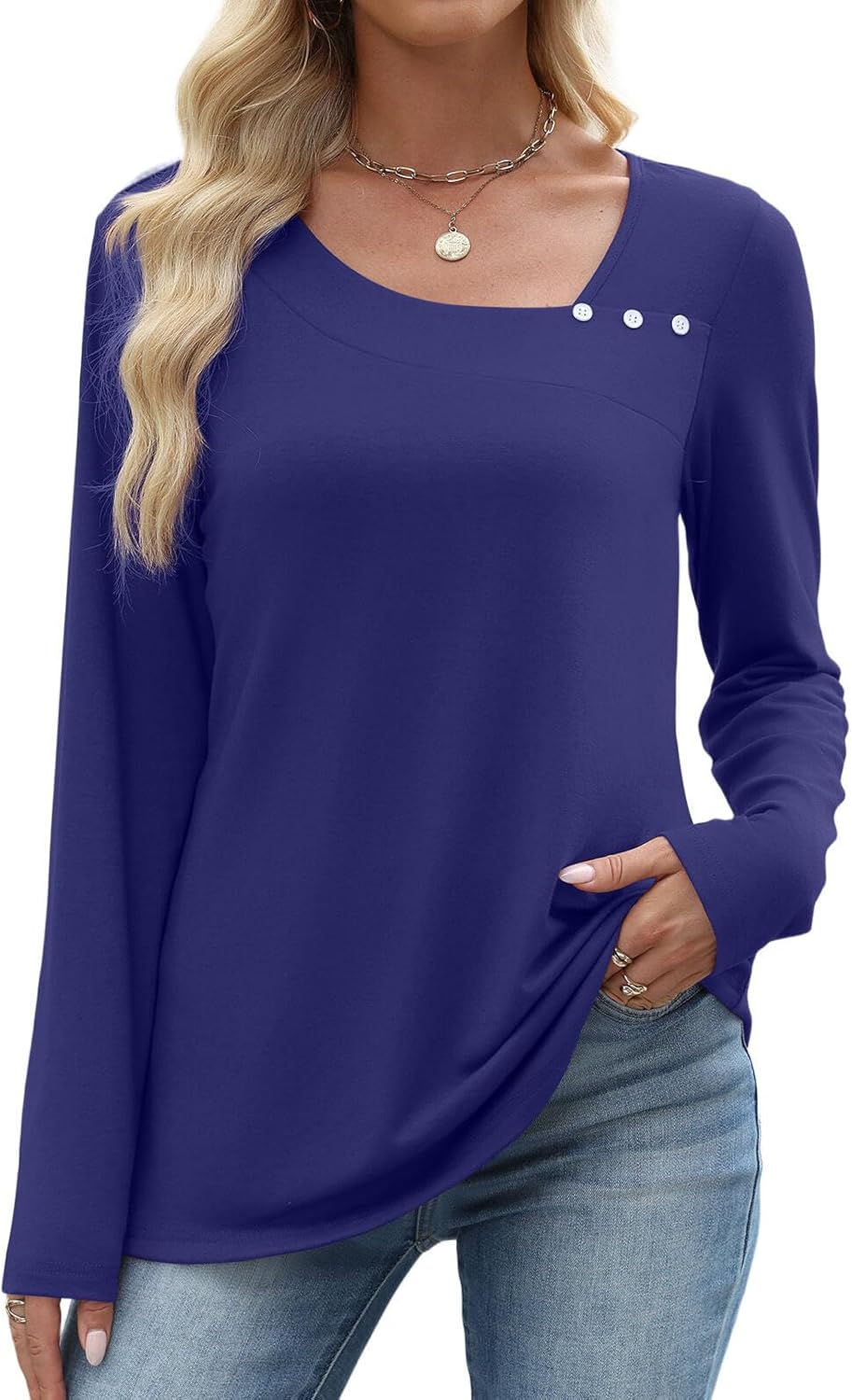 OFEEFAN Long Sleeve Shirts for Women Fall Clothes Asymmetric Square Neck Tunic Tops Decorative Buttons