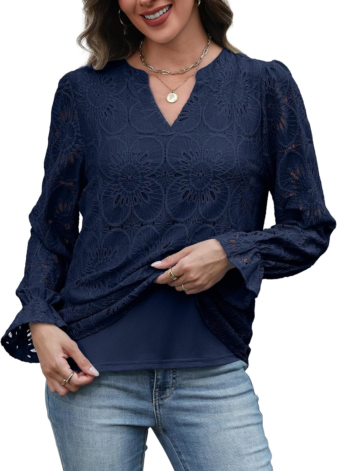RUMIA Womens Blouses V Neck Eyelet Lace Tops with Lining Dressy Sheer Long Sleeve Shirts Embroidered Blouses 2025 Fashion