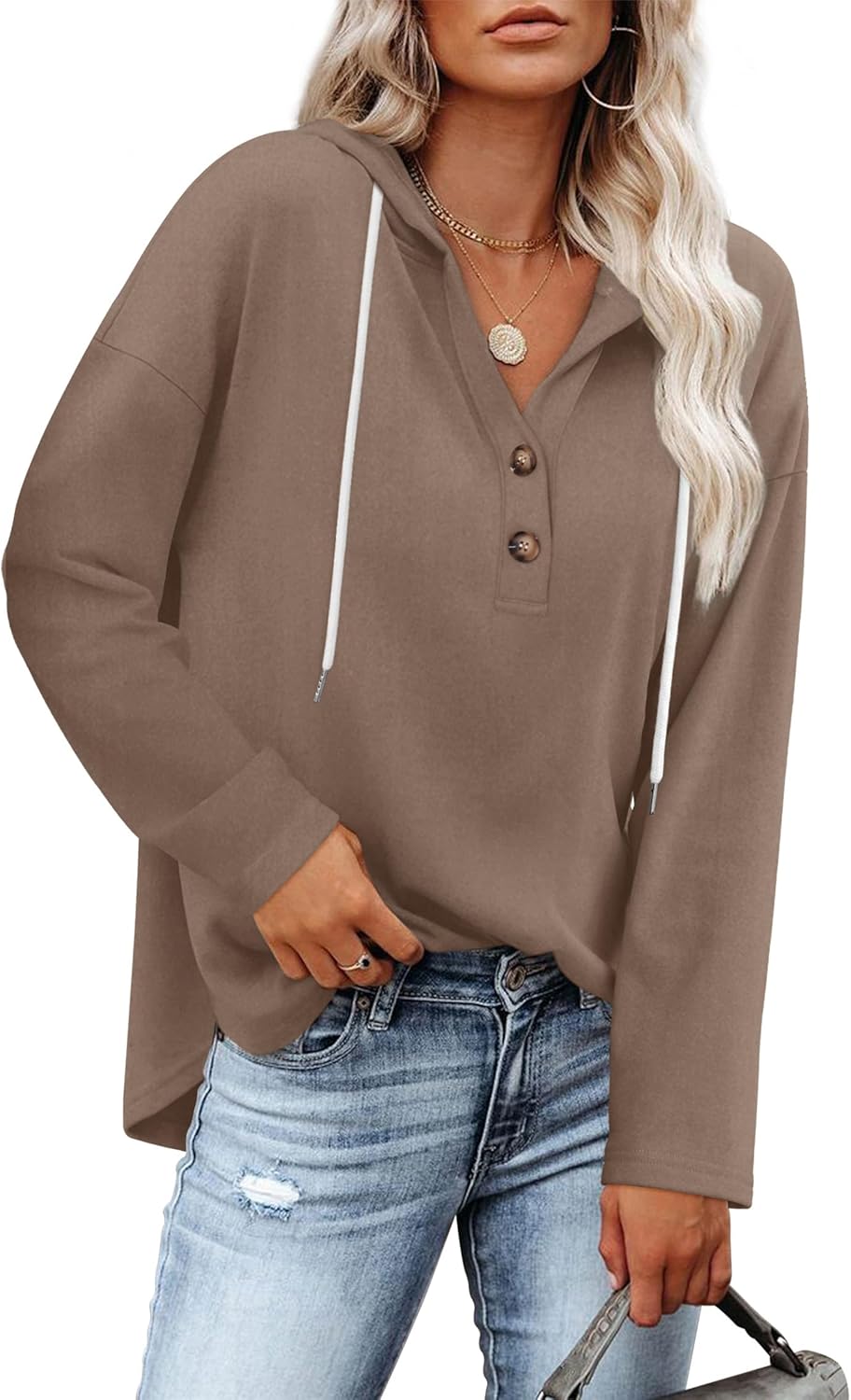 RUMIA Womens Tops V Neck Button Sweatshirt for Women Pullover Long Sleeve Shirts Fall Outfits 2025 Loose Fit S-3XL