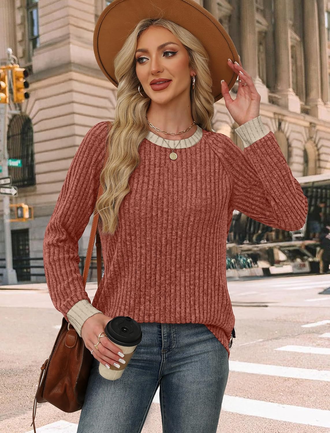 WIHOLL Long Sleeve Shirts for Women Lightweight Sweaters Fall Outfits 2025 Color Block Winter Clothing Dressy Casual Soft