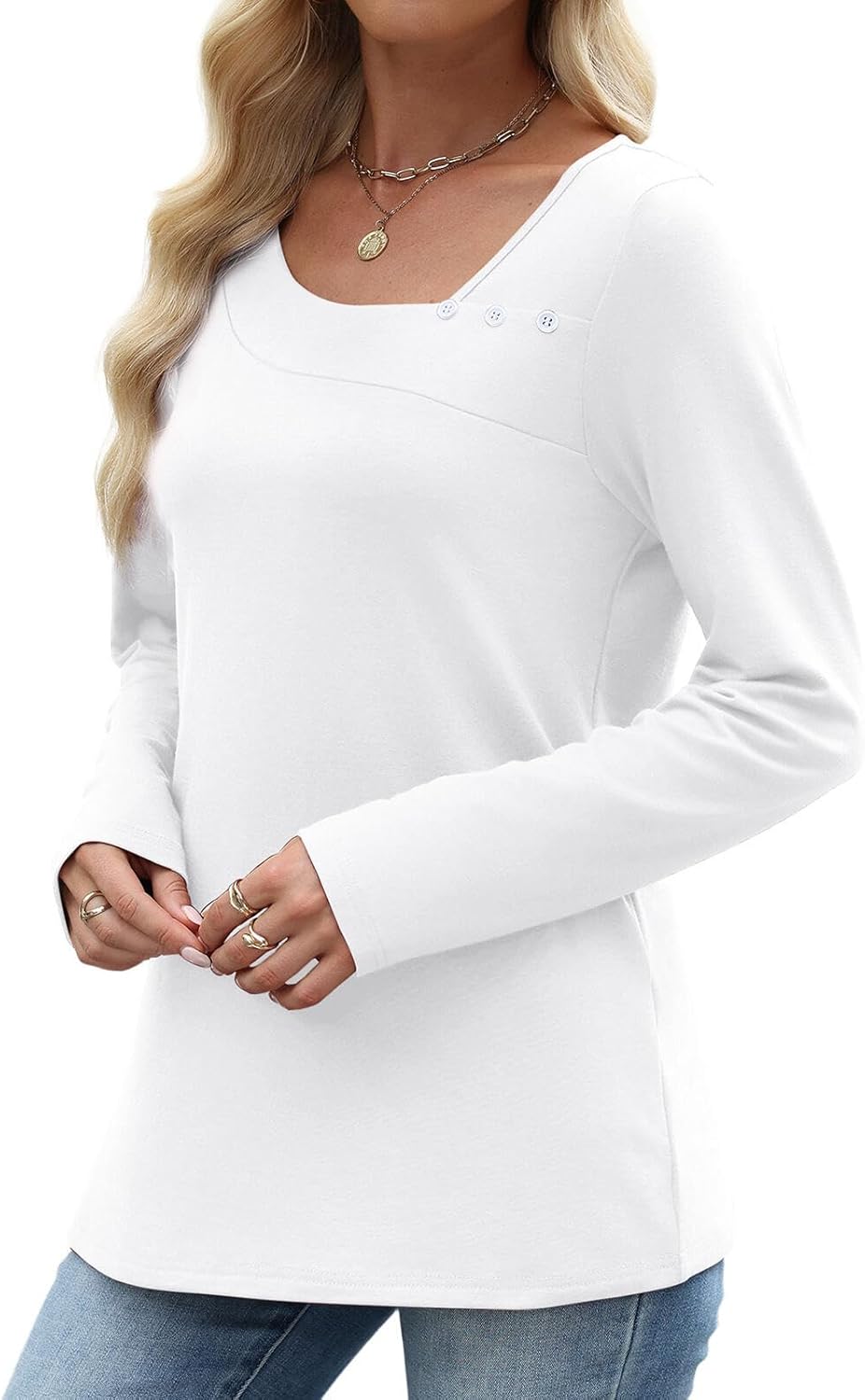 OFEEFAN Long Sleeve Shirts for Women Fall Clothes Asymmetric Square Neck Tunic Tops Decorative Buttons