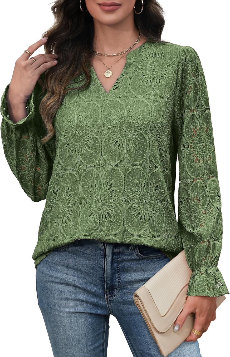 RUMIA Womens Blouses V Neck Eyelet Lace Tops with Lining Dressy Sheer Long Sleeve Shirts Embroidered Blouses 2025 Fashion