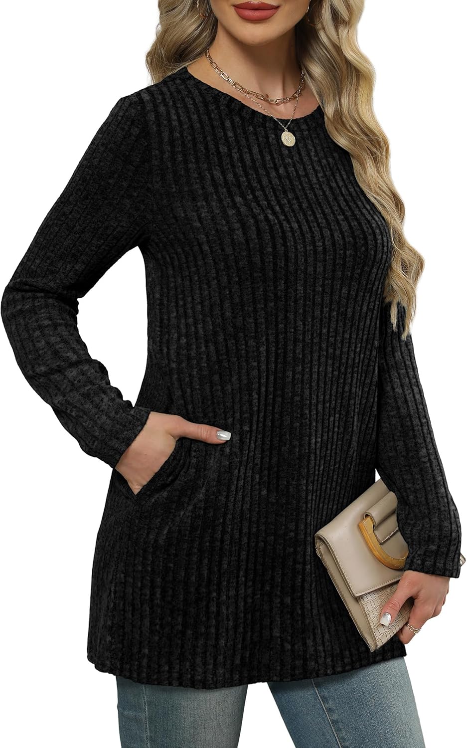 XIEERDUO Long Sleeve Shirts for Women Crewneck Tunic Tops Loose Fit Dressy Womens Sweaters with Pockets Fall Fashion 2025